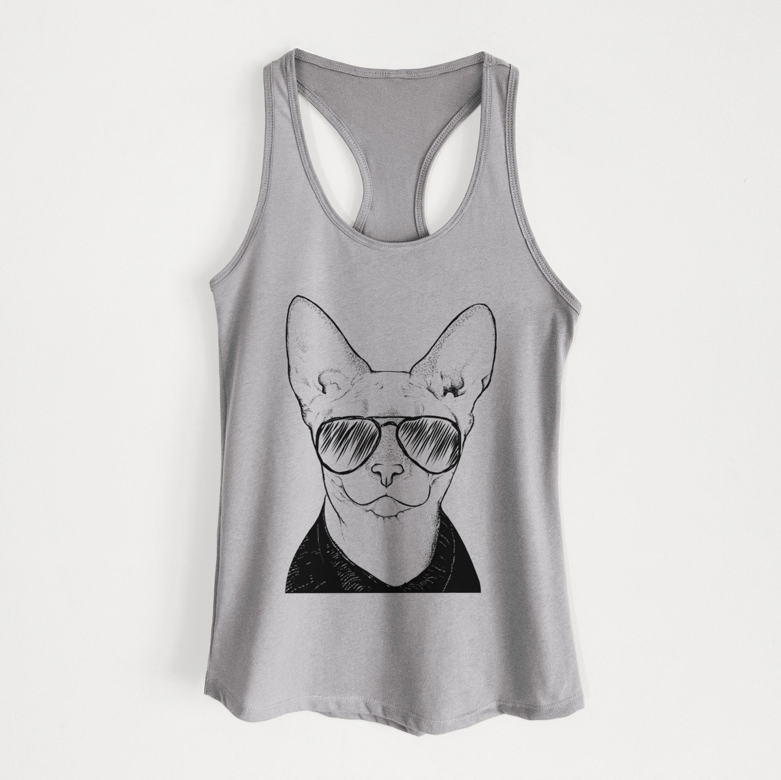 Hand-drawn sketch of Oliver Watson the Sphynx Cat wearing aviator sunglasses on a Heather Grey Women's racerback tanktop