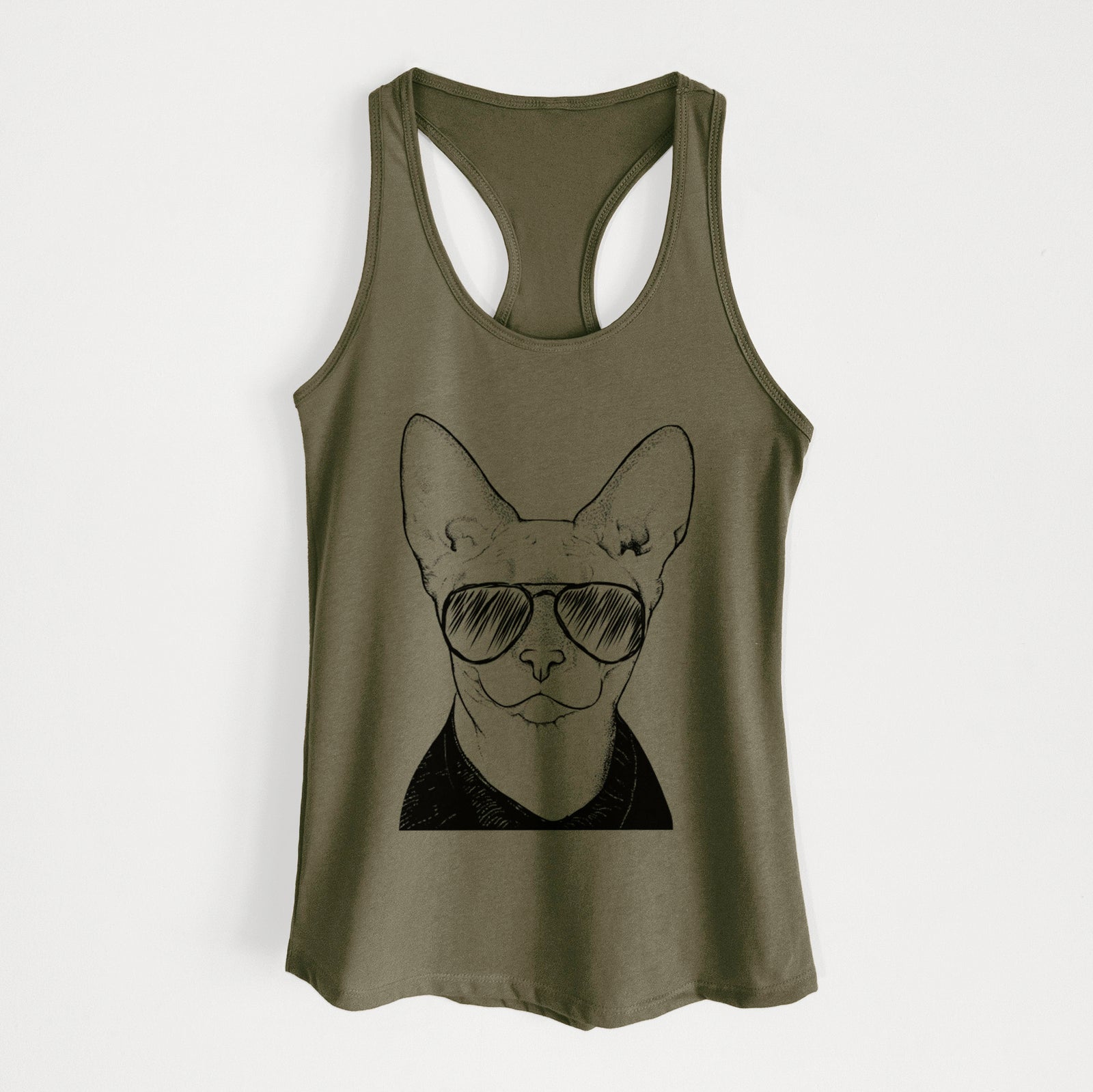 Hand-drawn sketch of Oliver Watson the Sphynx Cat wearing aviator sunglasses on a Military Green Women's racerback tanktop