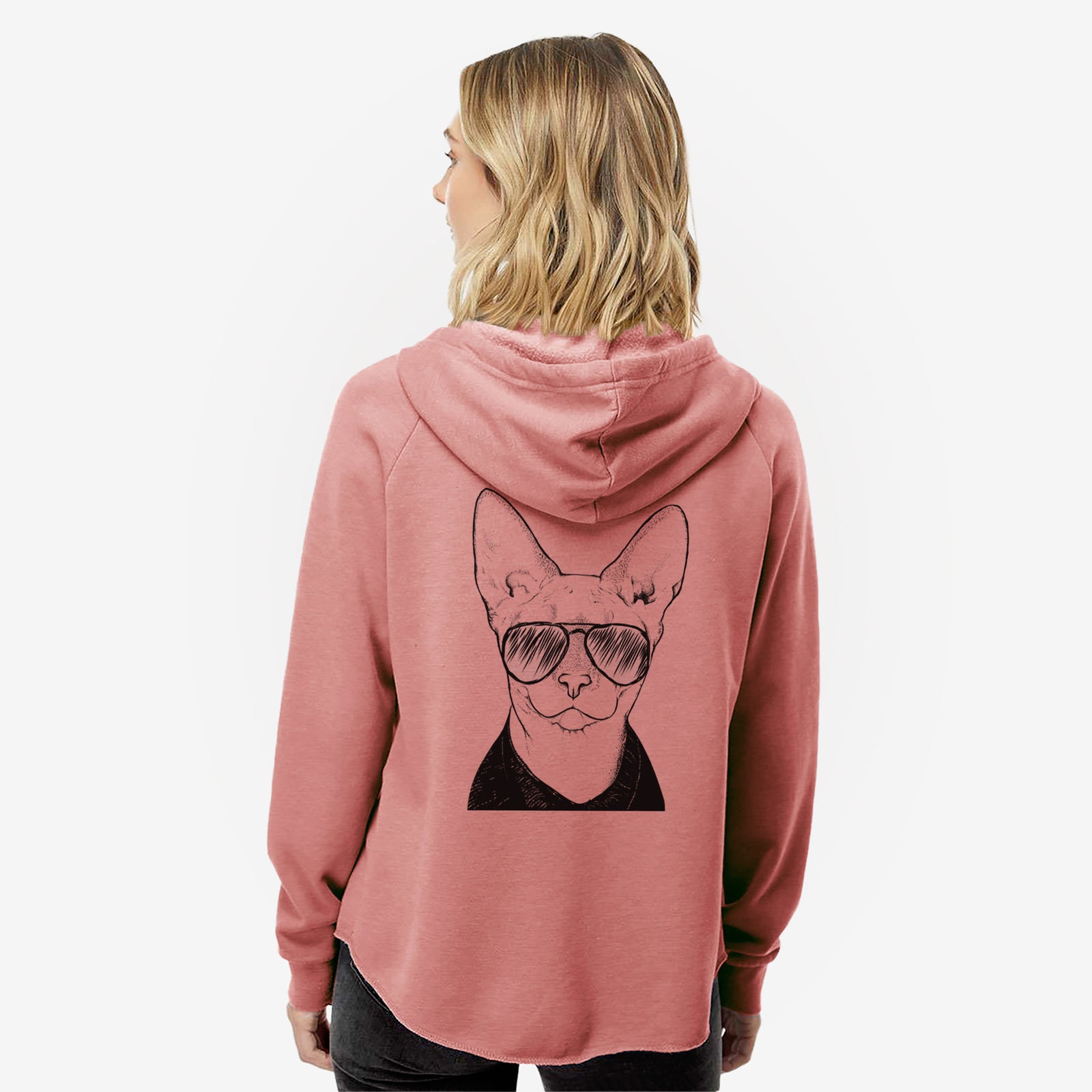 Hand-drawn sketch of Oliver Watson the Sphynx Cat wearing aviator sunglasses on a Dusty Rose Women's cali wave zip-up sweatshirt