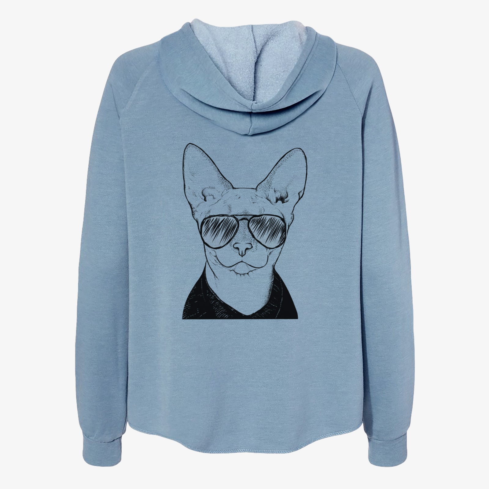 Hand-drawn sketch of Oliver Watson the Sphynx Cat wearing aviator sunglasses on a Misty Blue Women's cali wave zip-up sweatshirt