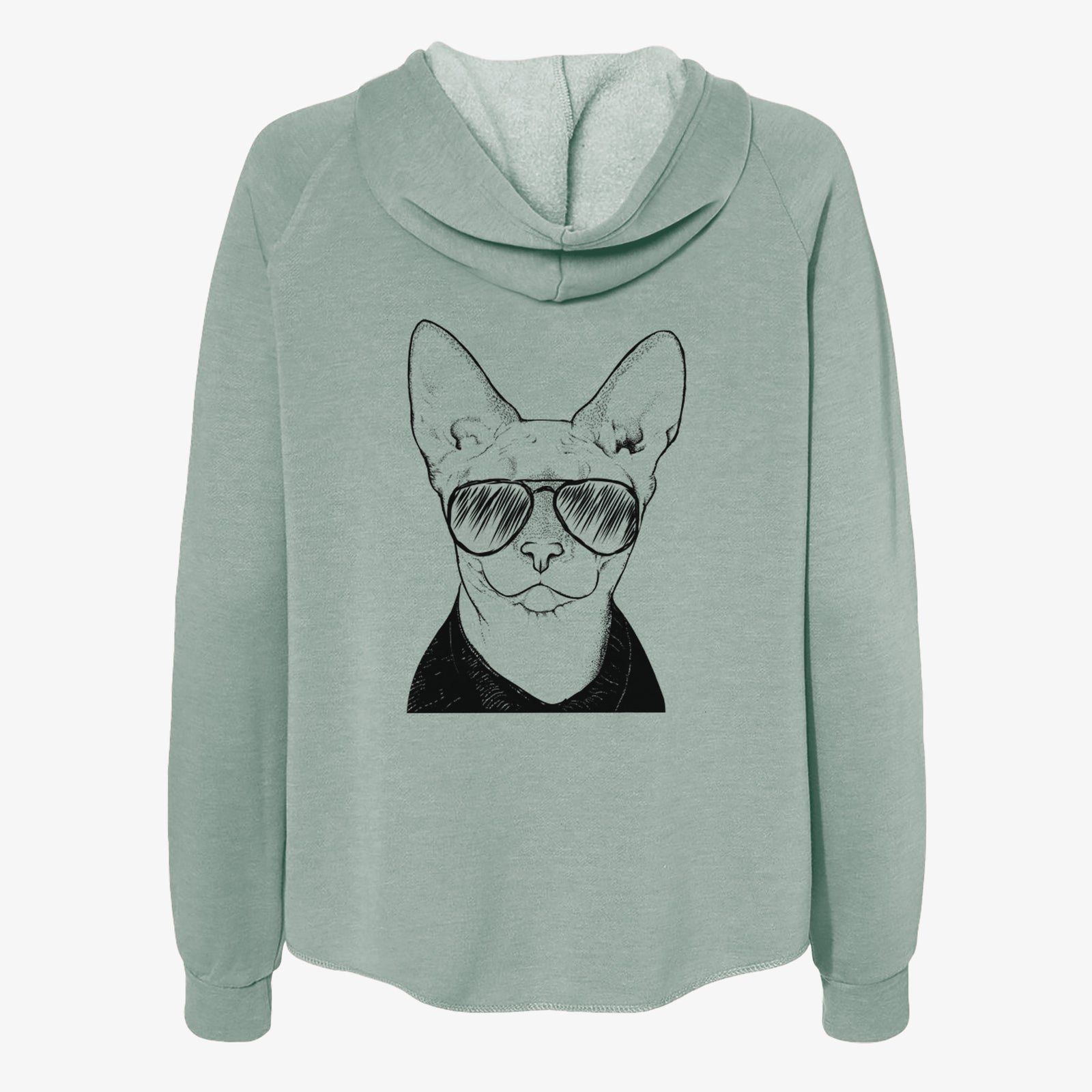 Hand-drawn sketch of Oliver Watson the Sphynx Cat wearing aviator sunglasses on a Sage Women's cali wave zip-up sweatshirt