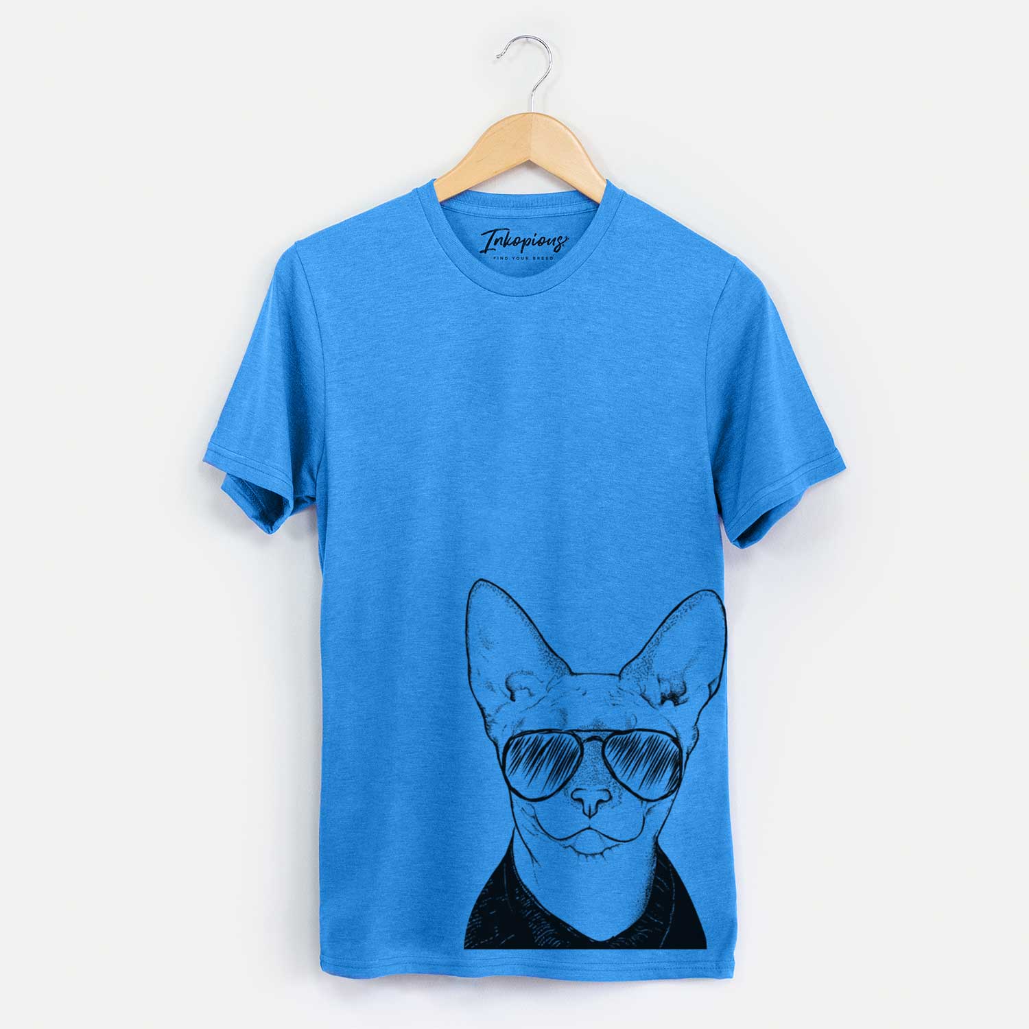 Hand-drawn sketch of Oliver Watson the Sphynx Cat wearing aviator sunglasses on a Blue Unisex crewneck