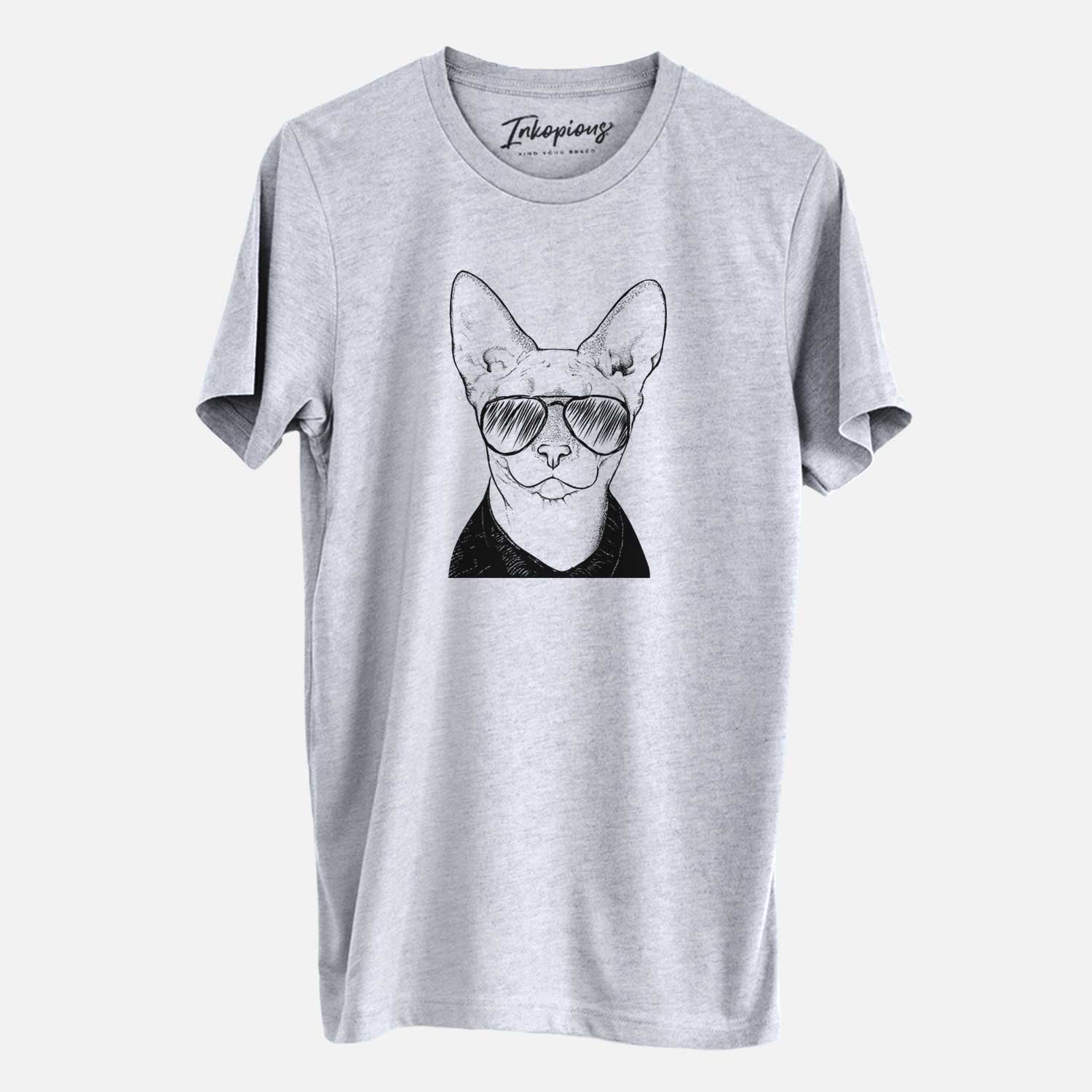 Hand-drawn sketch of Oliver Watson the Sphynx Cat wearing aviator sunglasses on a Grey Unisex crewneck