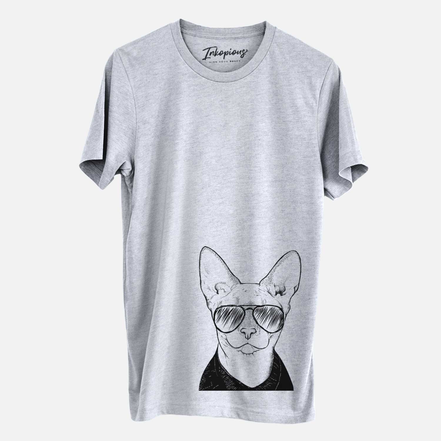 Hand-drawn sketch of Oliver Watson the Sphynx Cat wearing aviator sunglasses on a Grey Unisex crewneck