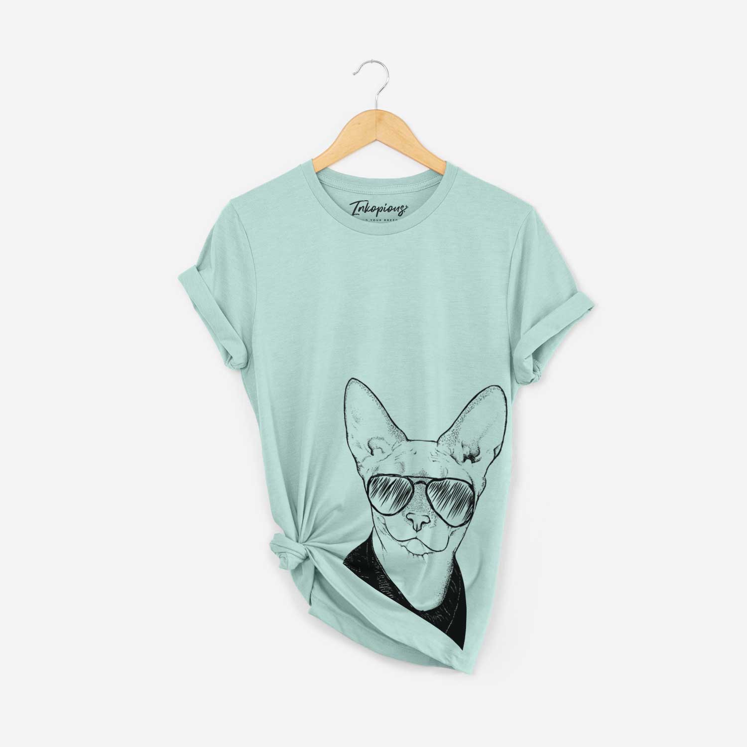 Hand-drawn sketch of Oliver Watson the Sphynx Cat wearing aviator sunglasses on a Heather Sage Bella Canvas Unisex Crewneck