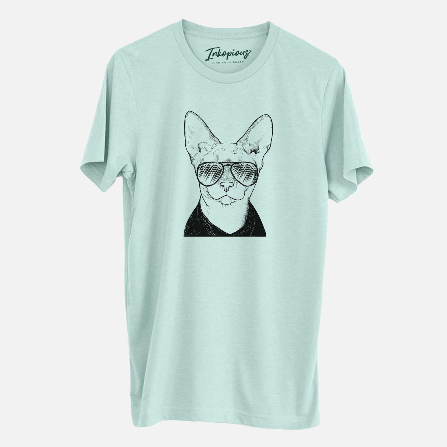 Hand-drawn sketch of Oliver Watson the Sphynx Cat wearing aviator sunglasses on a Heather Sage Unisex crewneck