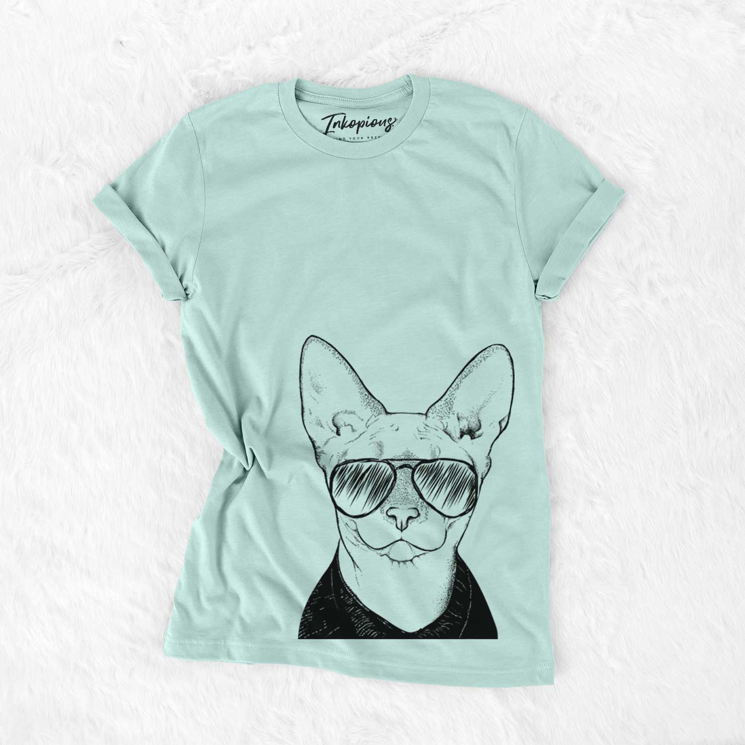 Hand-drawn sketch of Oliver Watson the Sphynx Cat wearing aviator sunglasses on a Heather Sage Unisex crewneck