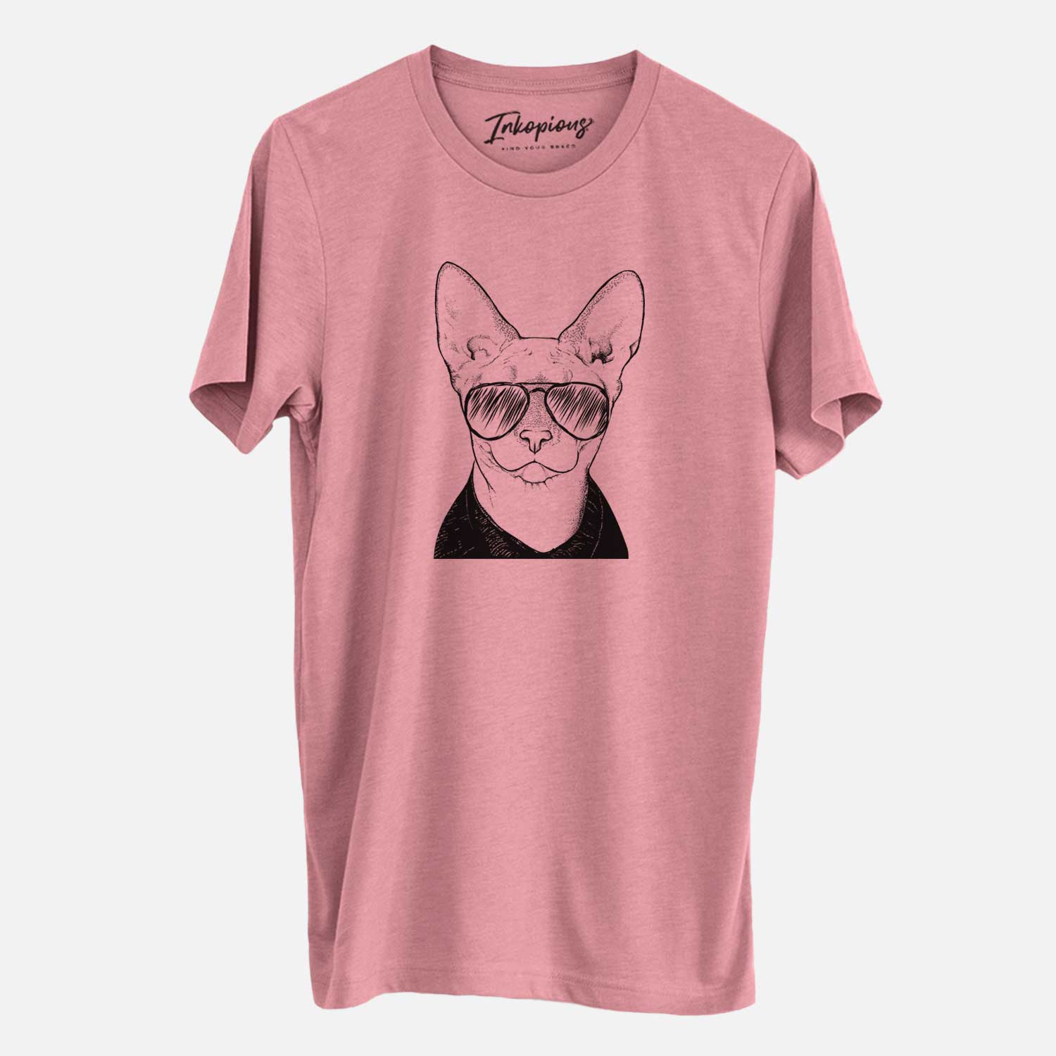 Hand-drawn sketch of Oliver Watson the Sphynx Cat wearing aviator sunglasses on a Mauve Unisex crewneck