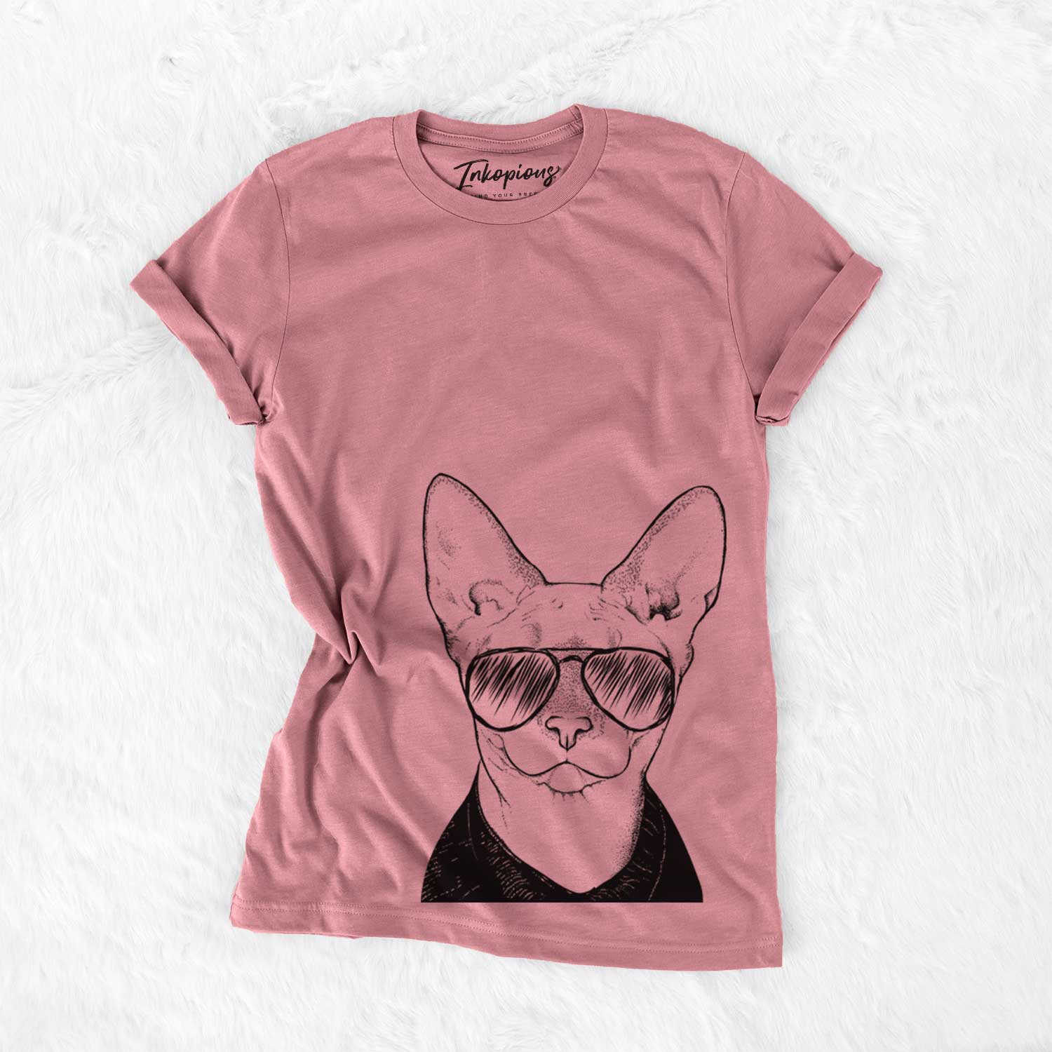 Hand-drawn sketch of Oliver Watson the Sphynx Cat wearing aviator sunglasses on a Mauve Unisex crewneck