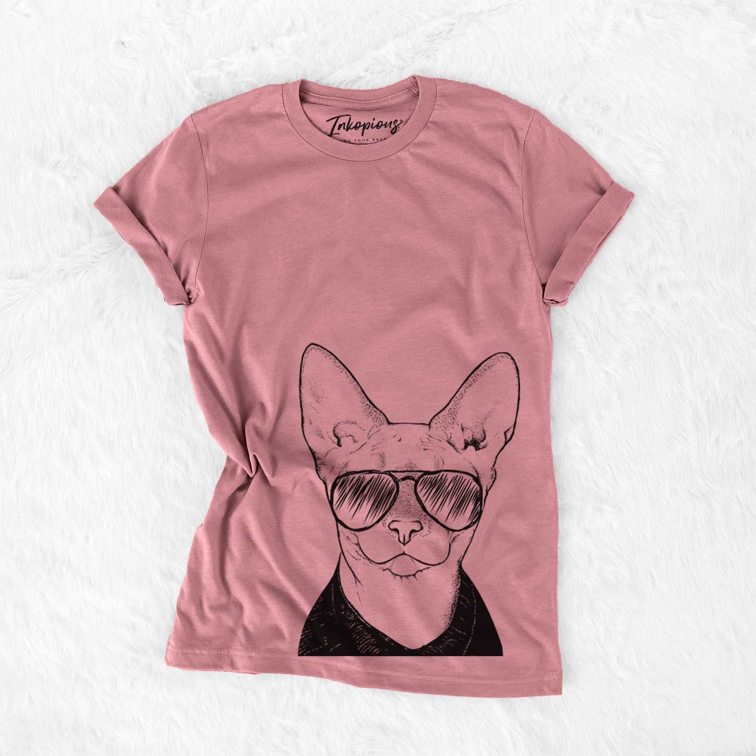 Hand-drawn sketch of Oliver Watson the Sphynx Cat wearing aviator sunglasses on a Mauve Bella Canvas Unisex Crewneck