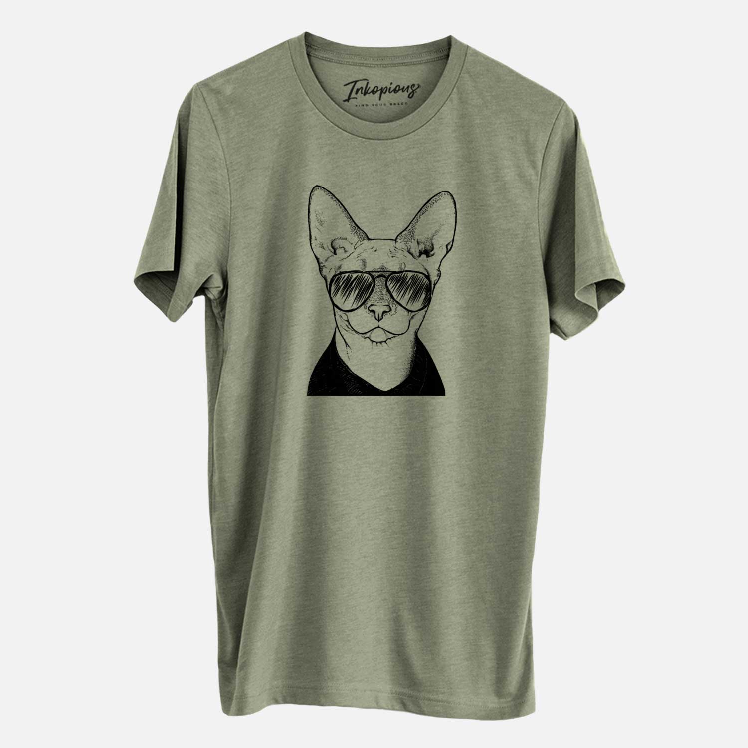 Hand-drawn sketch of Oliver Watson the Sphynx Cat wearing aviator sunglasses on an Unisex crewneck