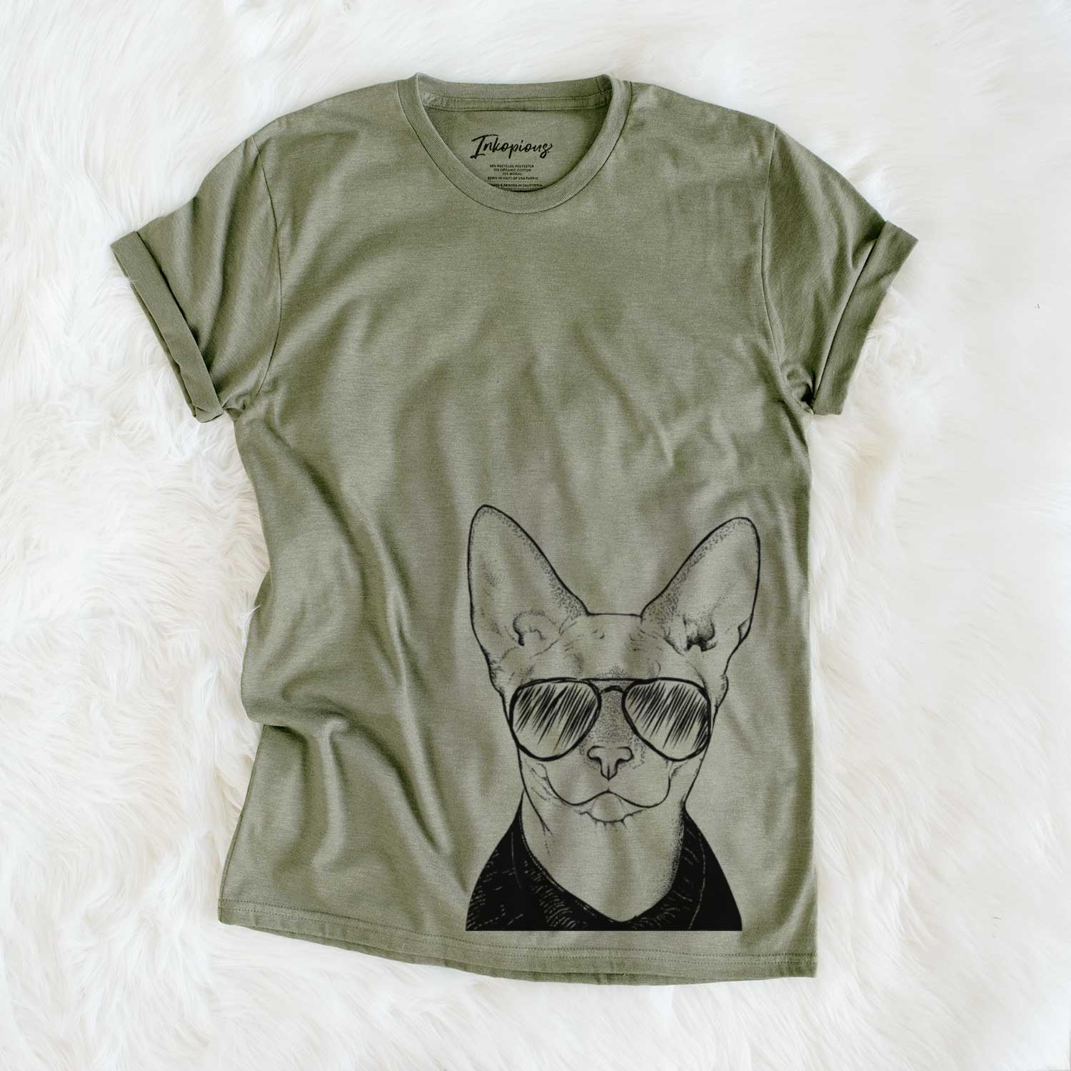 Hand-drawn sketch of Oliver Watson the Sphynx Cat wearing aviator sunglasses on an Unisex crewneck