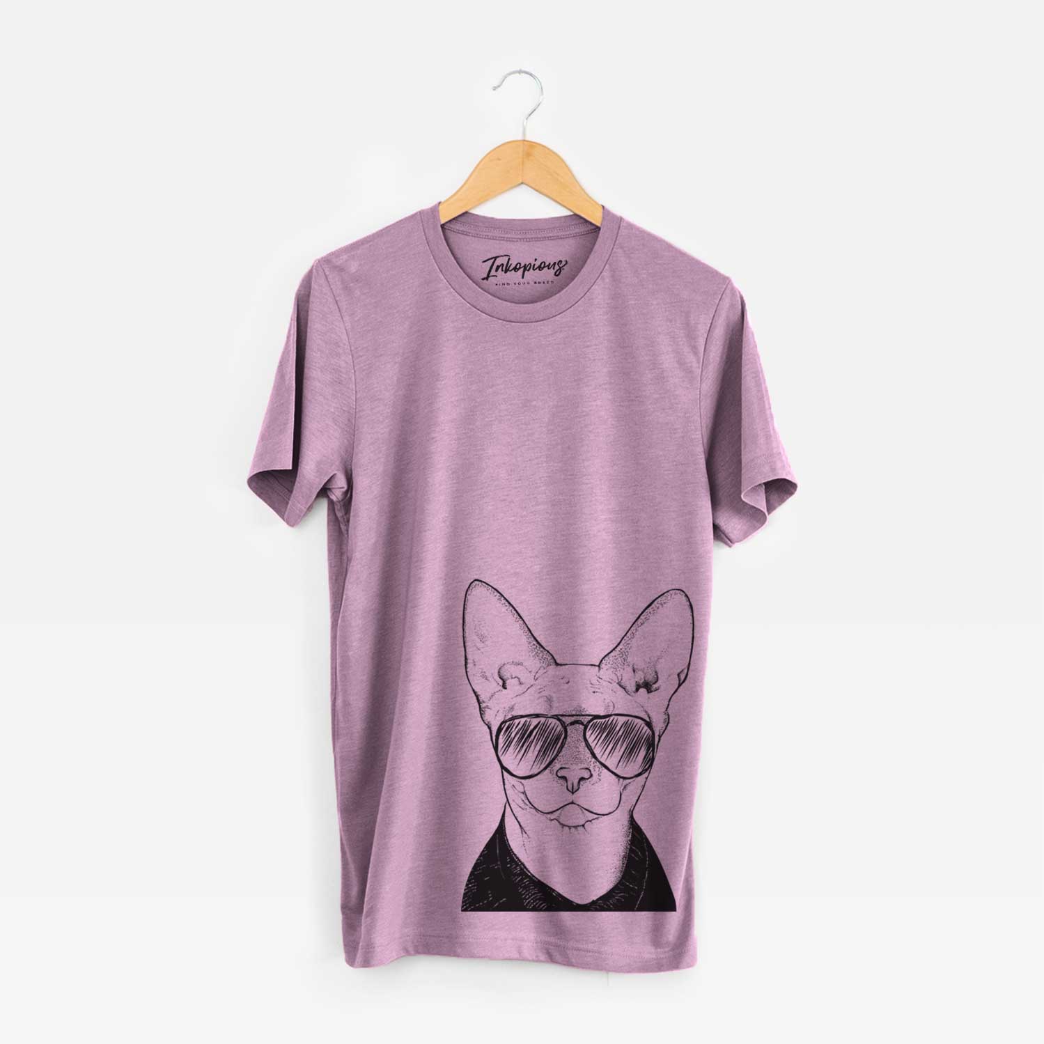 Hand-drawn sketch of Oliver Watson the Sphynx Cat wearing aviator sunglasses on an Orchid Unisex crewneck