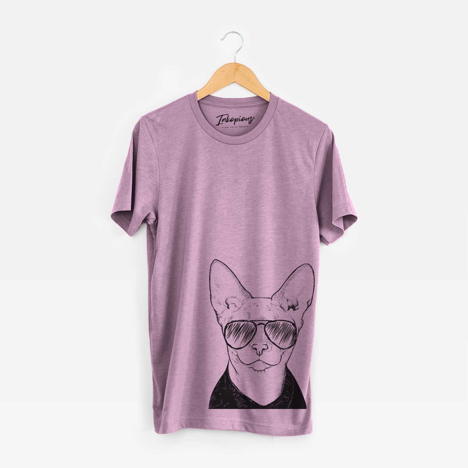 Hand-drawn sketch of Oliver Watson the Sphynx Cat wearing aviator sunglasses on an Orchid Bella Canvas Unisex Crewneck