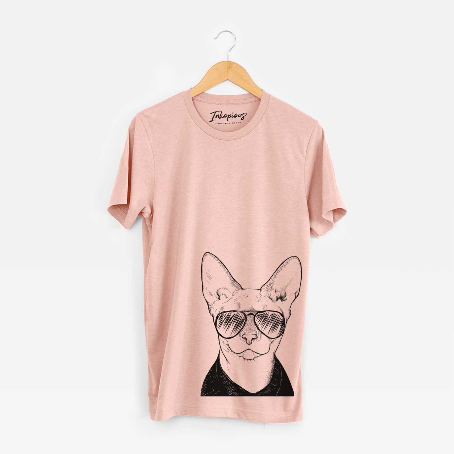 Hand-drawn sketch of Oliver Watson the Sphynx Cat wearing aviator sunglasses on a Peach Unisex crewneck