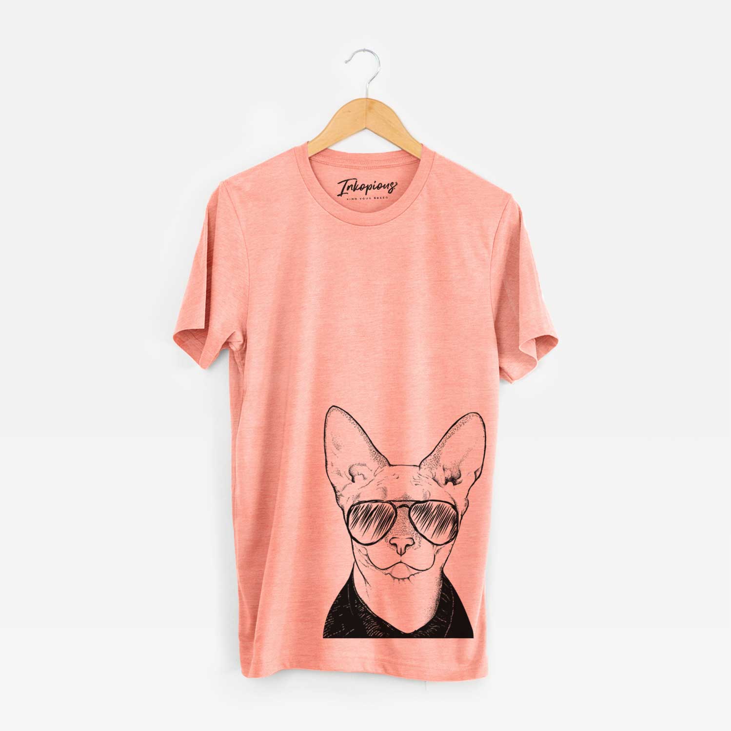 Hand-drawn sketch of Oliver Watson the Sphynx Cat wearing aviator sunglasses on a Sunset Unisex crewneck