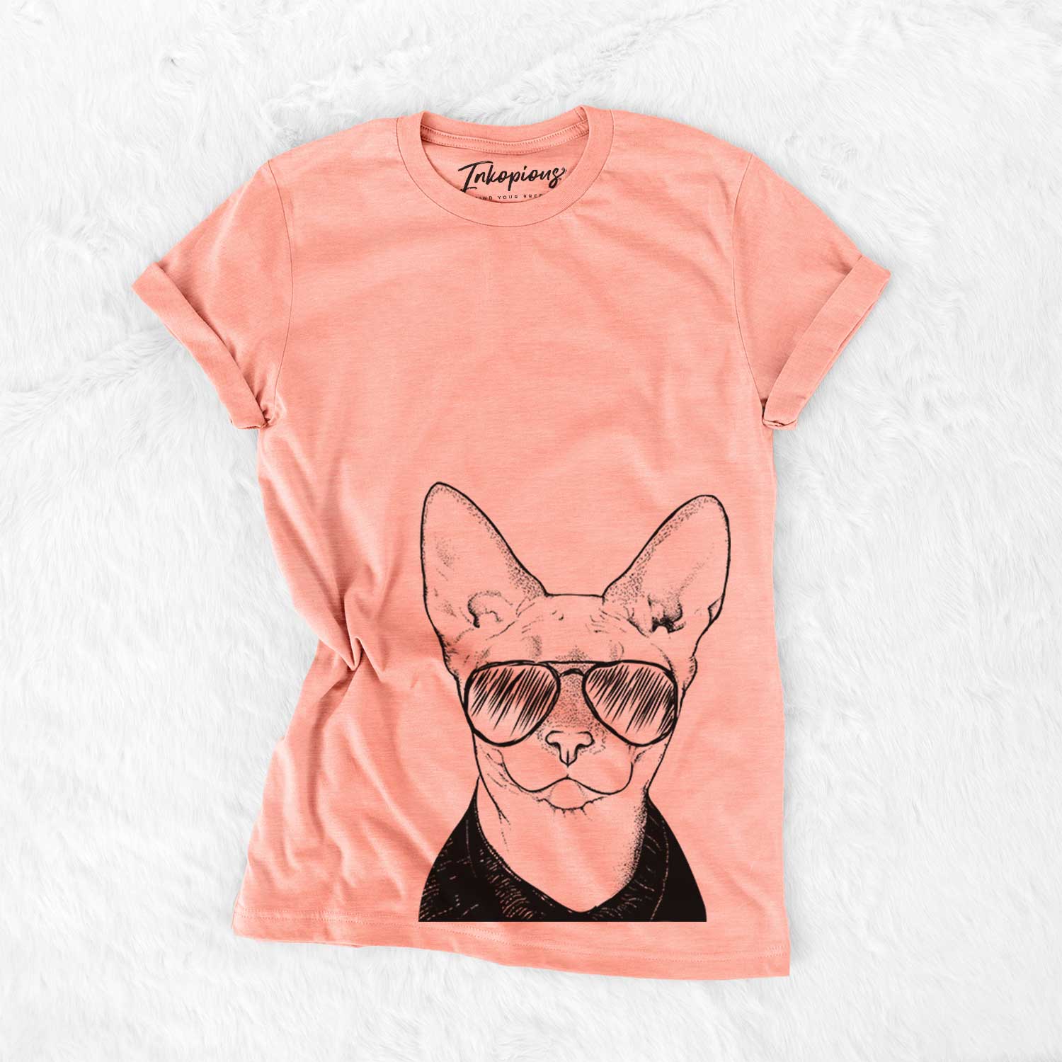 Hand-drawn sketch of Oliver Watson the Sphynx Cat wearing aviator sunglasses on a Sunset Bella Canvas Unisex Crewneck