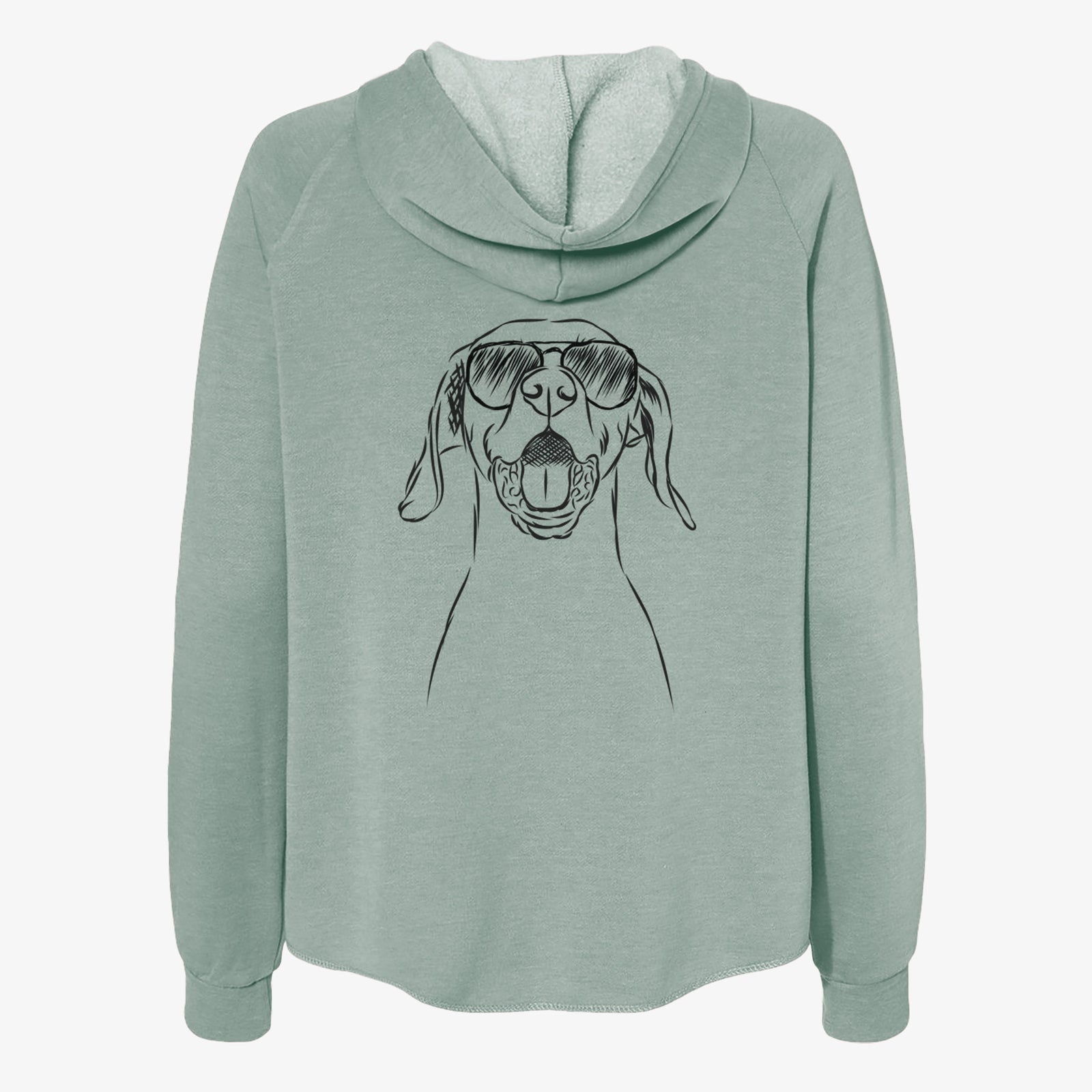 Hand-drawn sketch of Ollie the Vizsla wearing aviator sunglasses on a Sage Women's cali wave zip-up sweatshirt