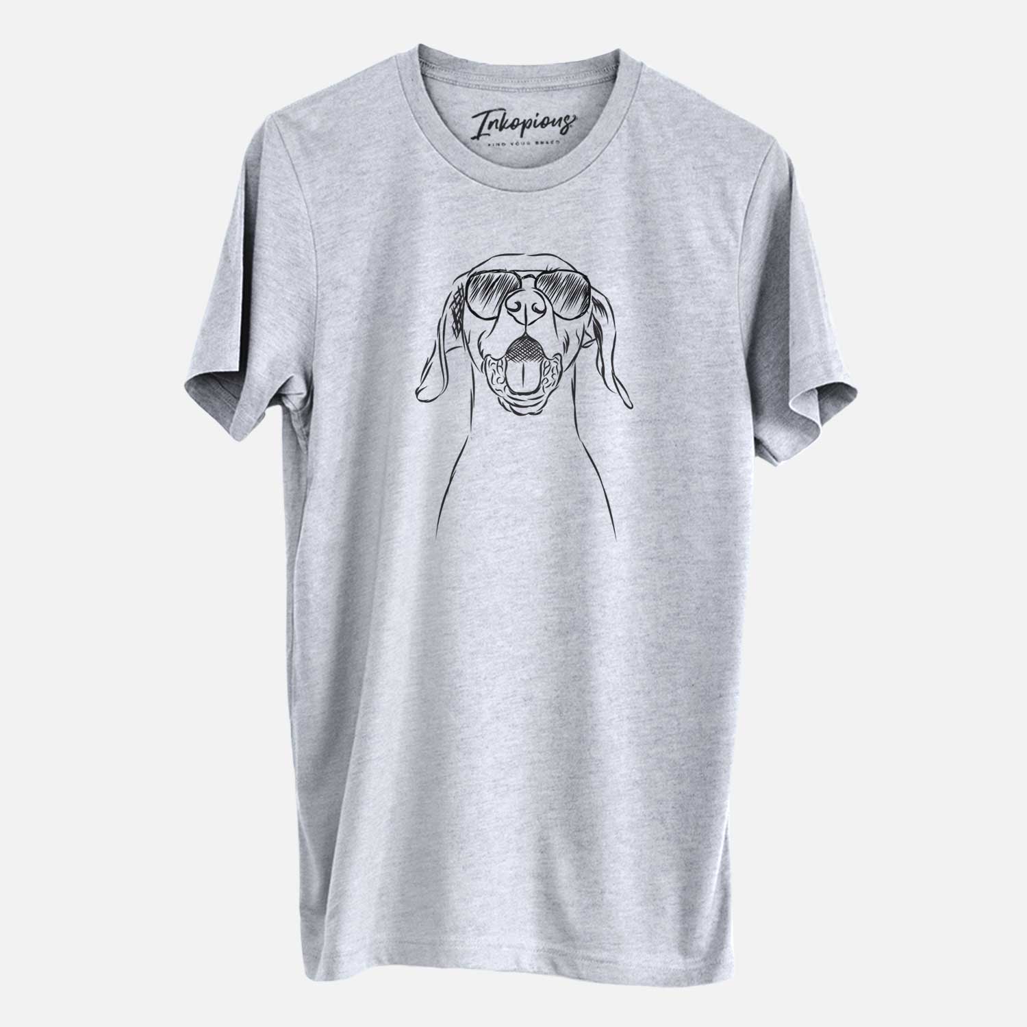 Hand-drawn sketch of Ollie the Vizsla wearing aviator sunglasses on a Grey Unisex crewneck