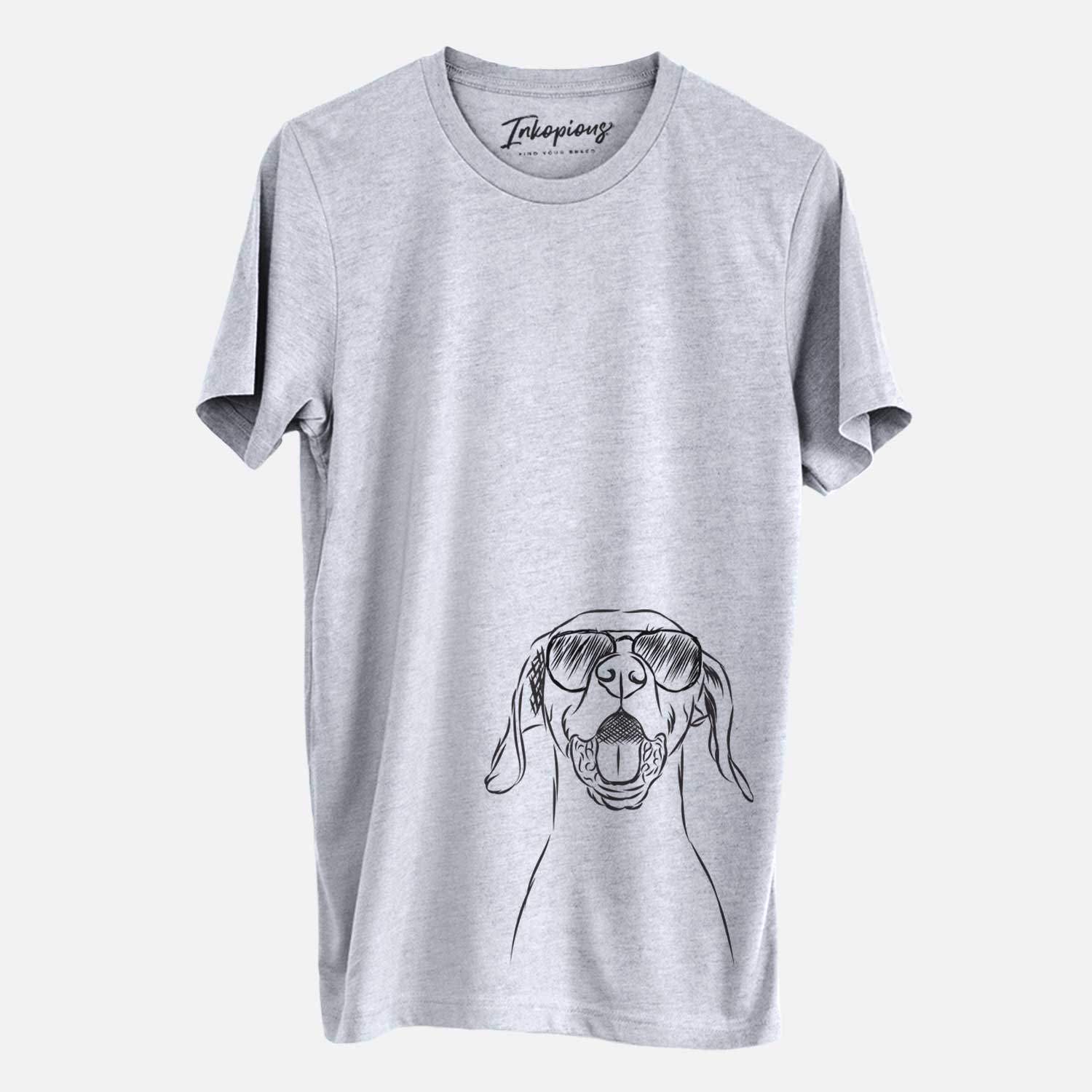 Hand-drawn sketch of Ollie the Vizsla wearing aviator sunglasses on a Grey Unisex crewneck