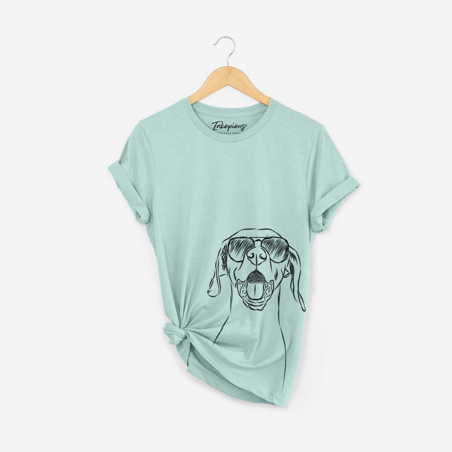Hand-drawn sketch of Ollie the Vizsla wearing aviator sunglasses on a Heather Sage Bella Canvas Unisex Crewneck