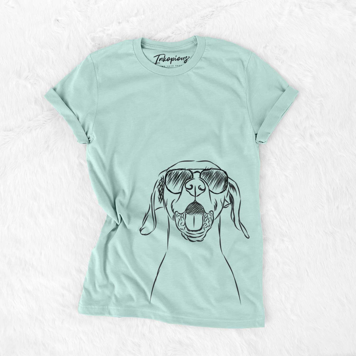 Hand-drawn sketch of Ollie the Vizsla wearing aviator sunglasses on a Heather Sage Unisex crewneck