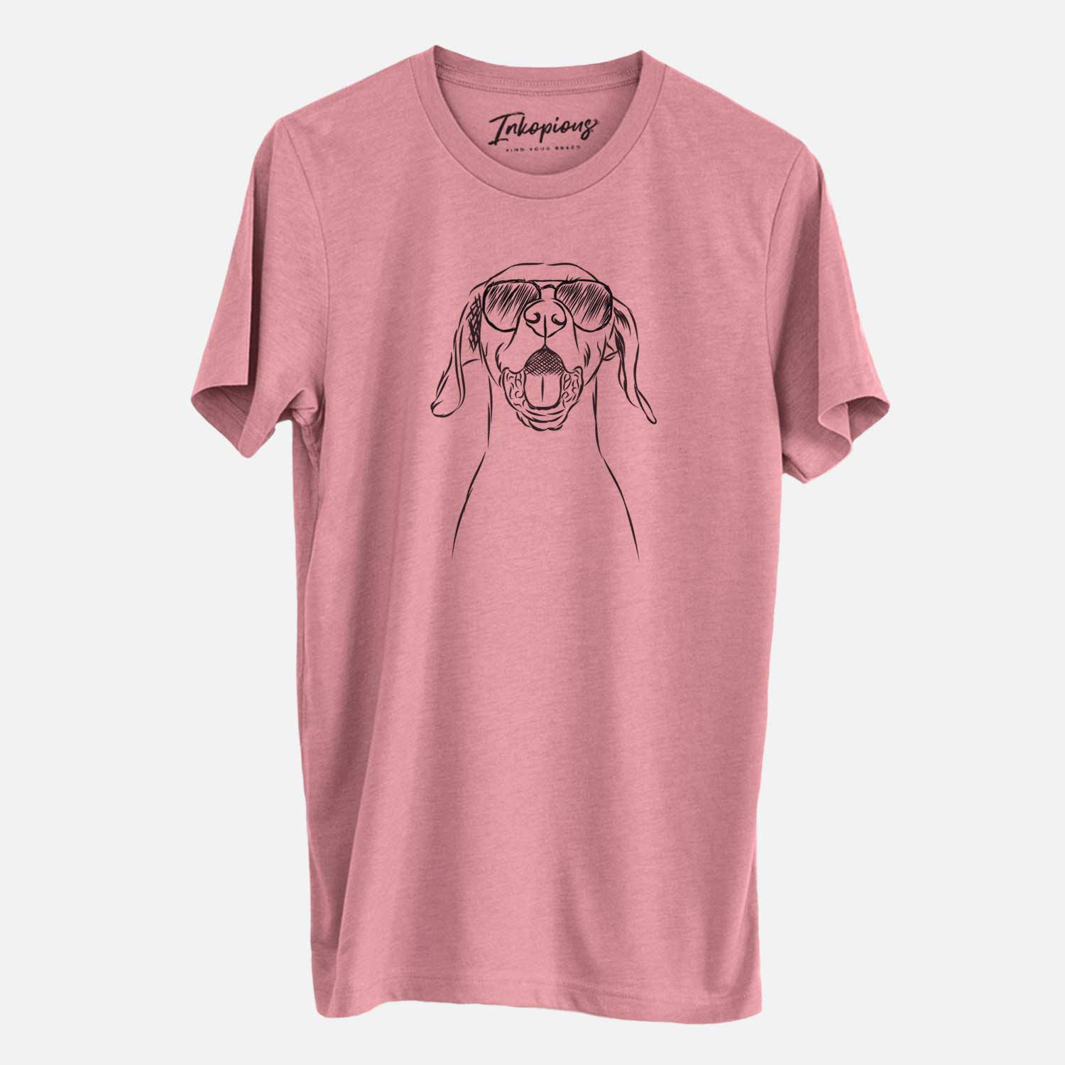 Hand-drawn sketch of Ollie the Vizsla wearing aviator sunglasses on a Mauve Unisex crewneck