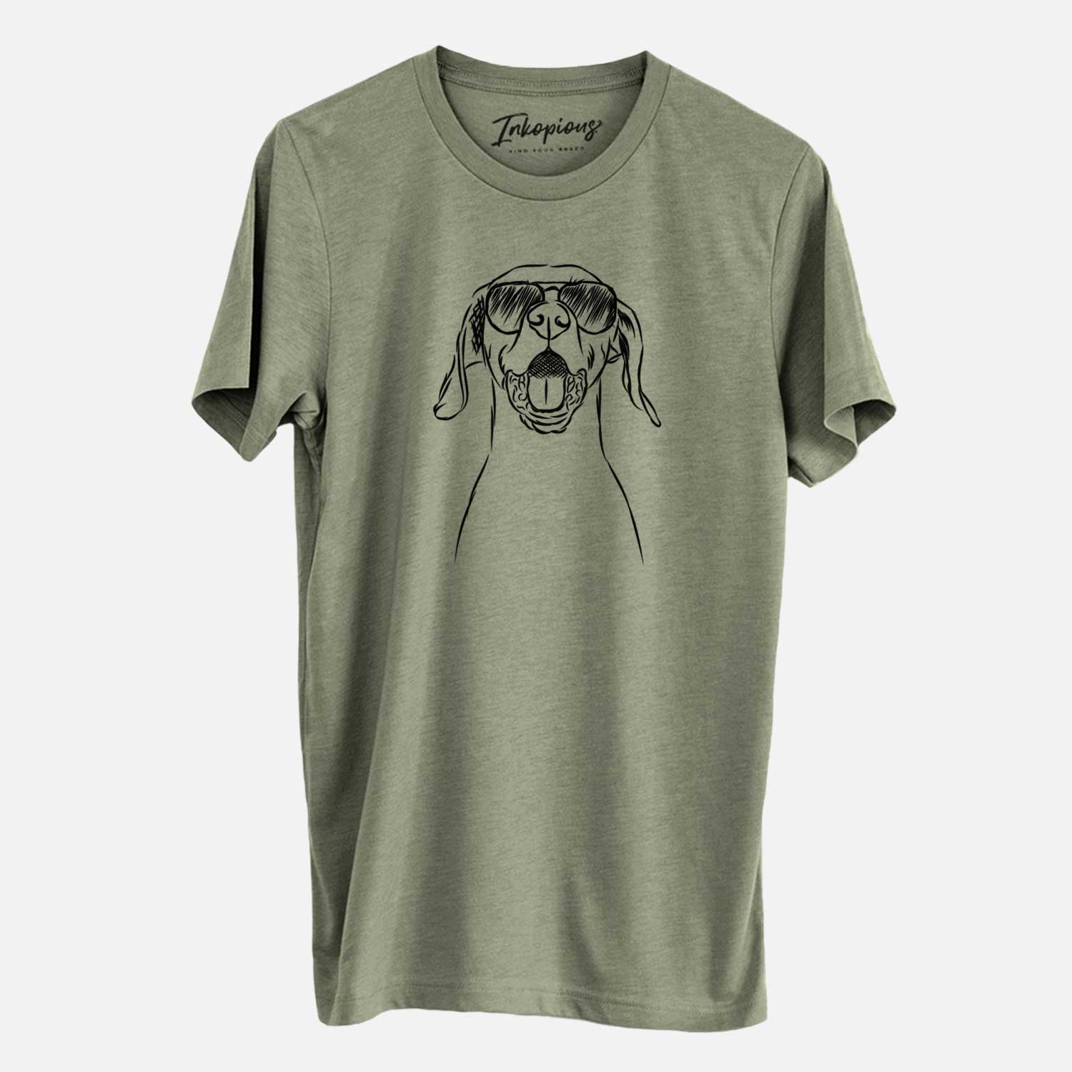 Hand-drawn sketch of Ollie the Vizsla wearing aviator sunglasses on an Olive Unisex crewneck