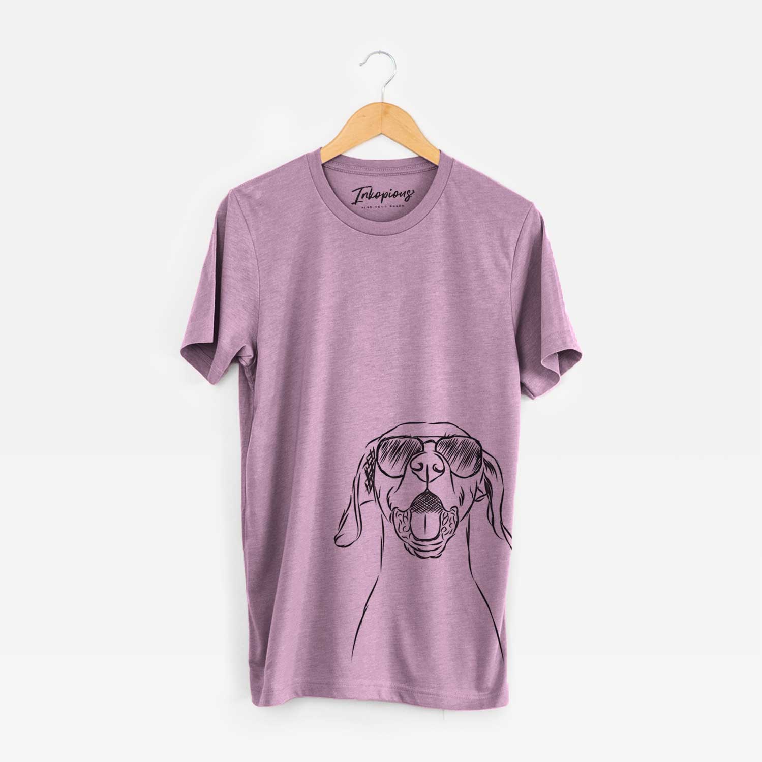 Hand-drawn sketch of Ollie the Vizsla wearing aviator sunglasses on an Orchid Bella Canvas Unisex Crewneck