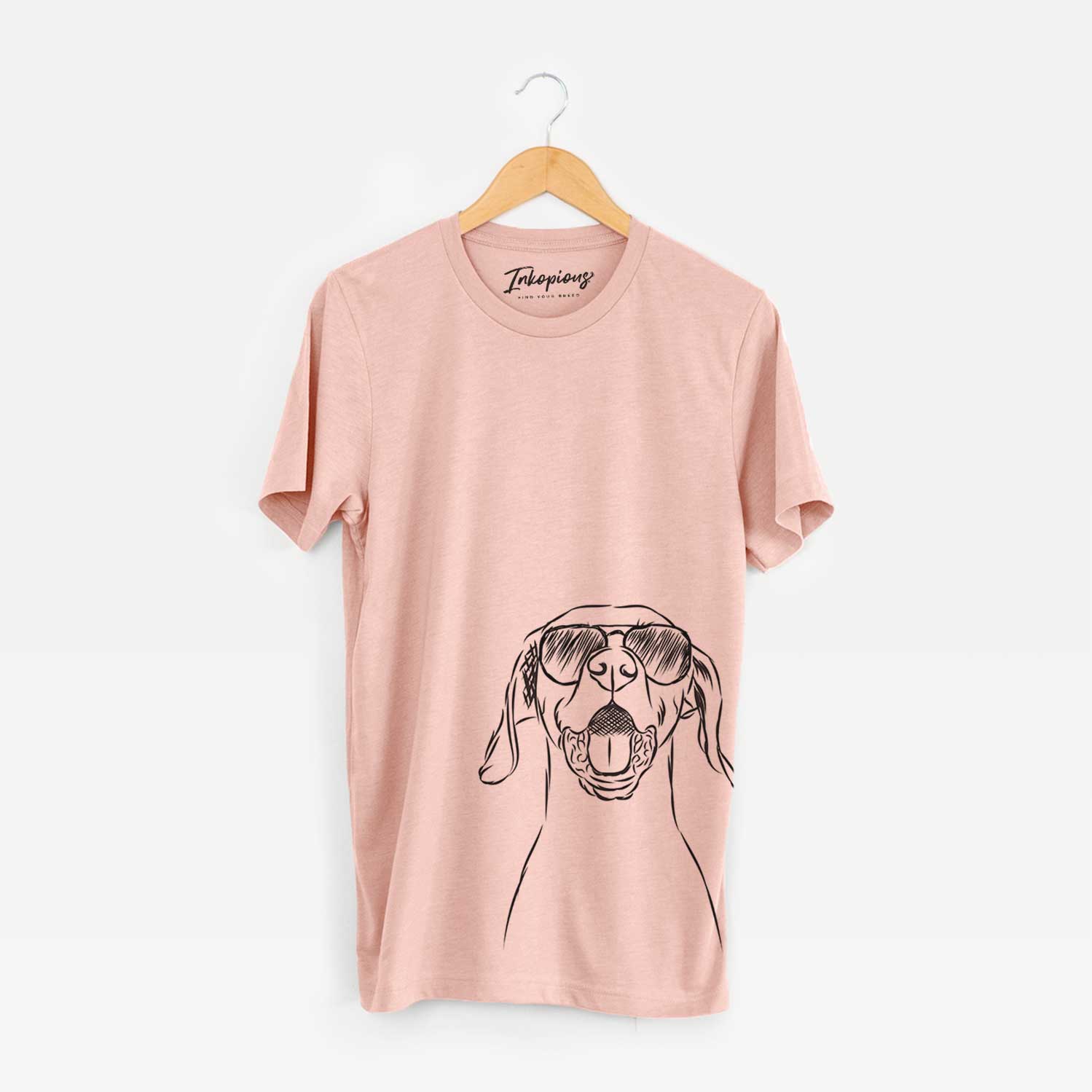 Hand-drawn sketch of Ollie the Vizsla wearing aviator sunglasses on a Peach Bella Canvas Unisex Crewneck