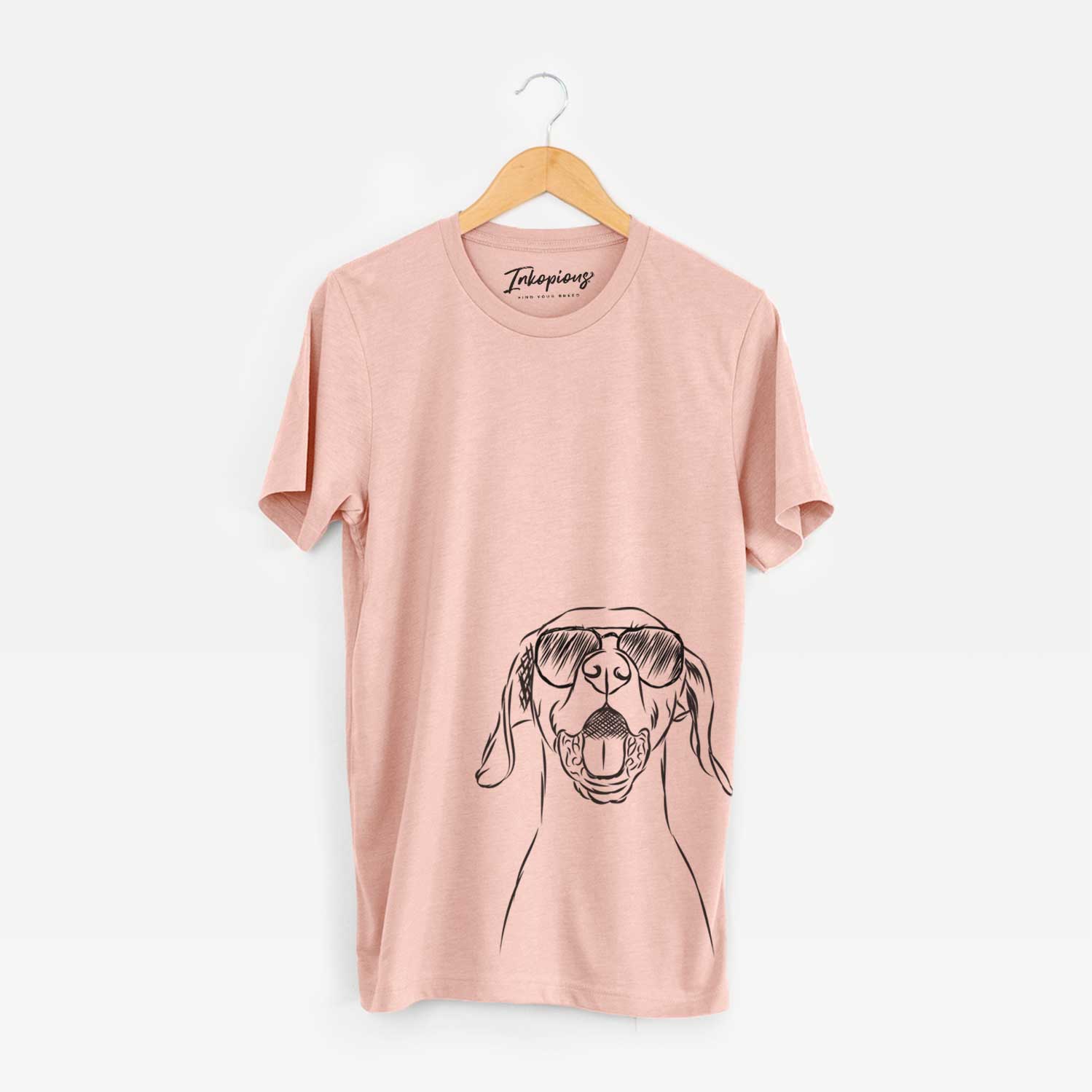 Hand-drawn sketch of Ollie the Vizsla wearing aviator sunglasses on a Peach Unisex crewneck