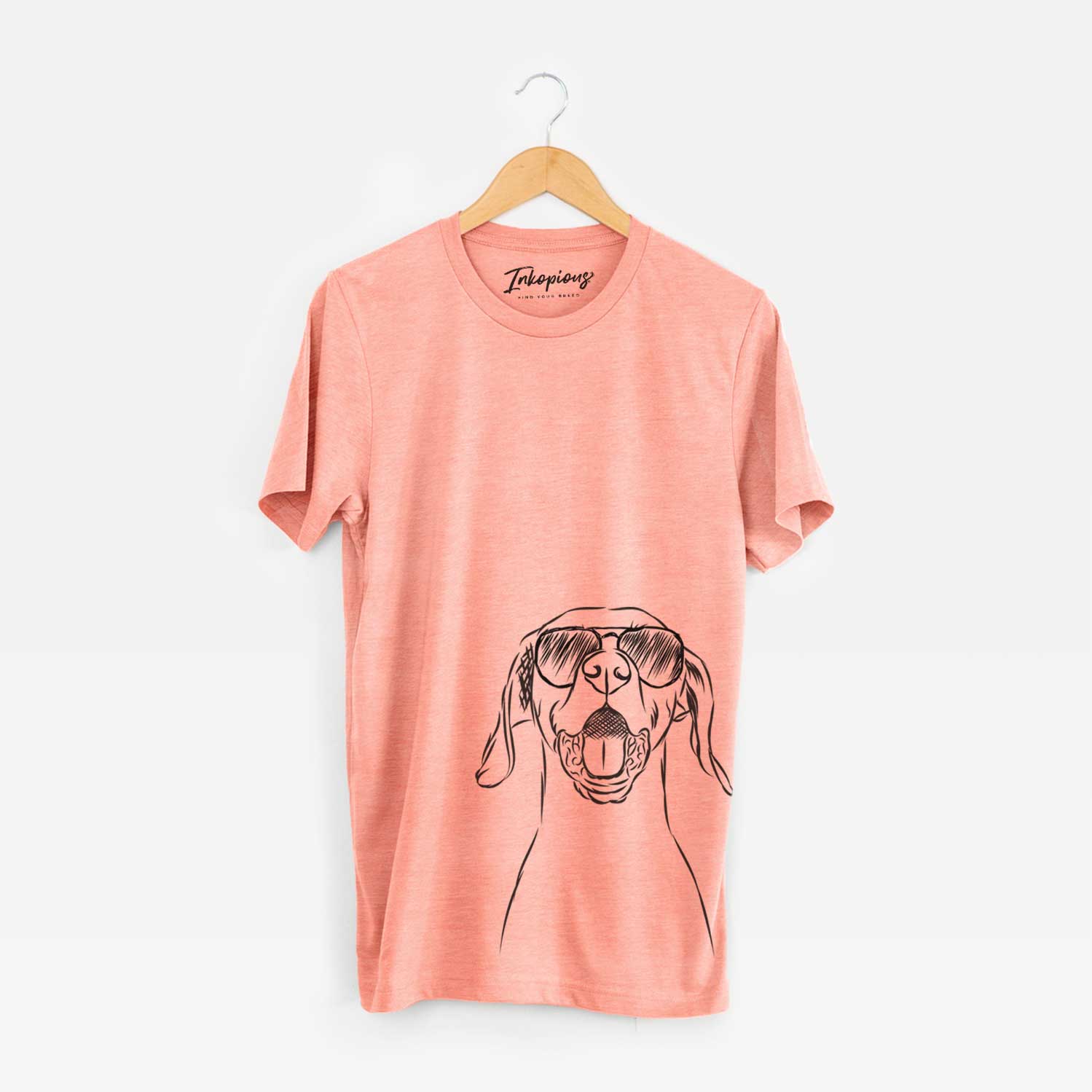 Hand-drawn sketch of Ollie the Vizsla wearing aviator sunglasses on a Sunset Unisex crewneck