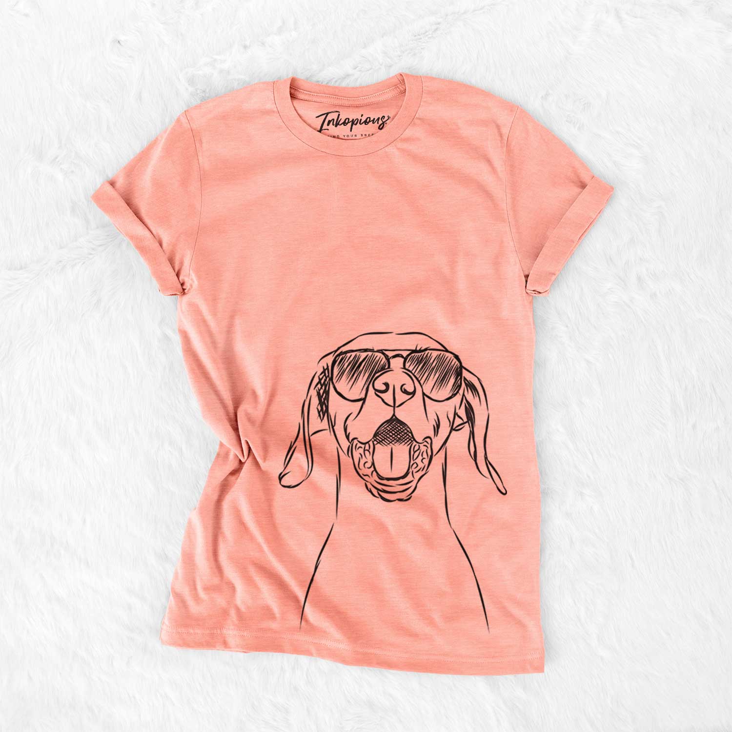 Hand-drawn sketch of Ollie the Vizsla wearing aviator sunglasses on a Sunset Bella Canvas Unisex Crewneck