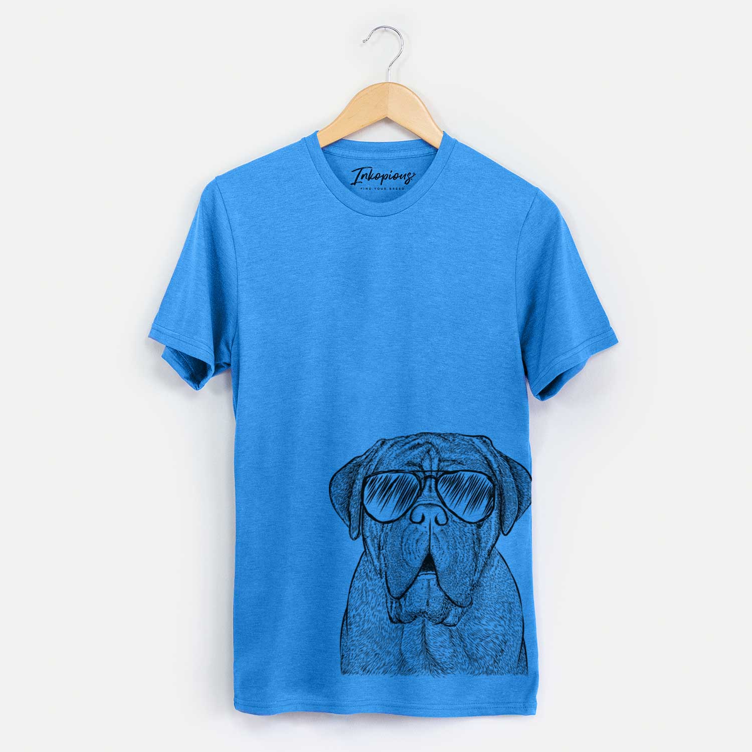 Hand-drawn sketch of Optimus the Dogue de Bordeaux wearing aviator sunglasses on a Blue Unisex crewneck