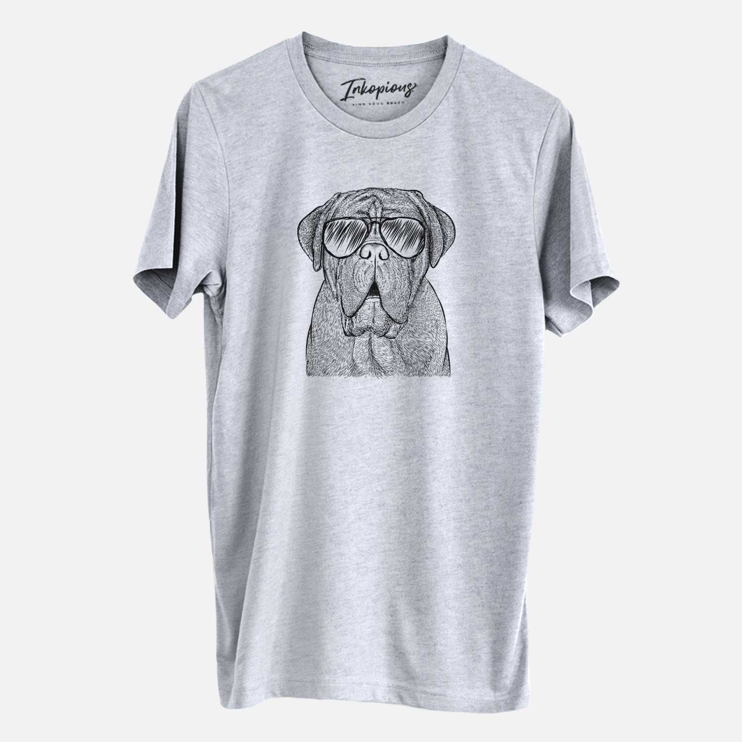 Hand-drawn sketch of Optimus the Dogue de Bordeaux wearing aviator sunglasses on a Grey Unisex crewneck