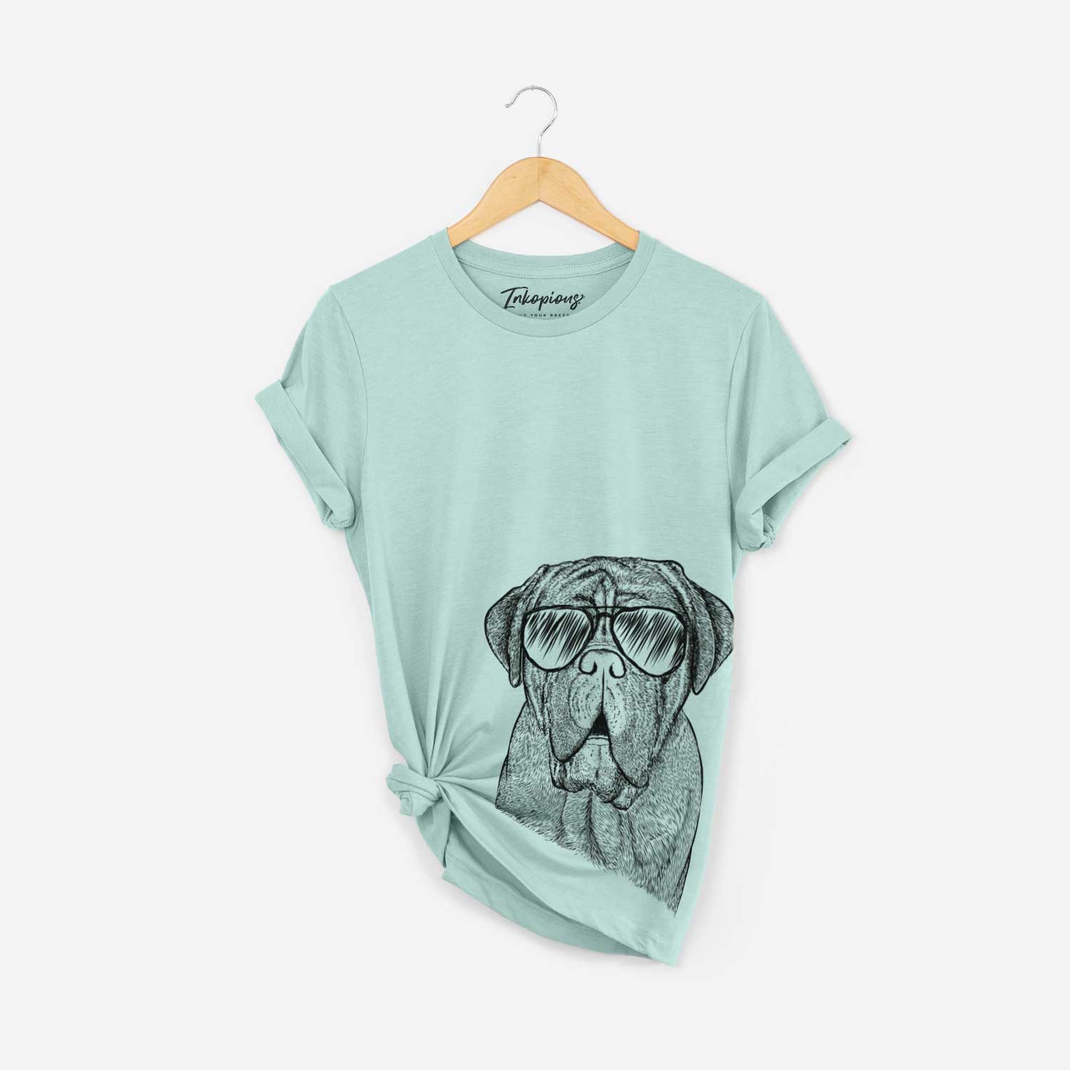 Hand-drawn sketch of Optimus the Dogue de Bordeaux wearing aviator sunglasses on a Heather Sage Bella Canvas Unisex Crewneck
