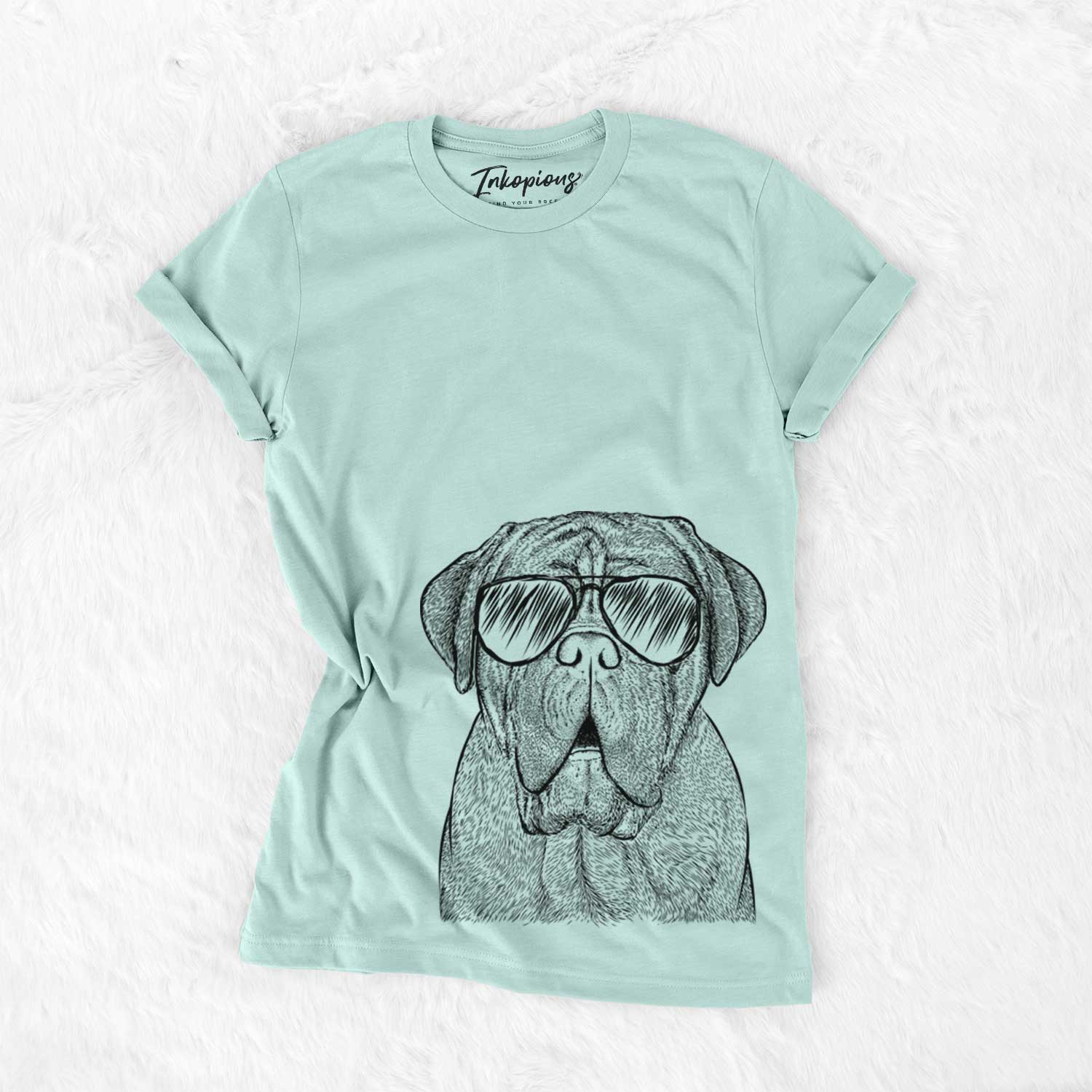Hand-drawn sketch of Optimus the Dogue de Bordeaux wearing aviator sunglasses on a Heather Sage Unisex crewneck
