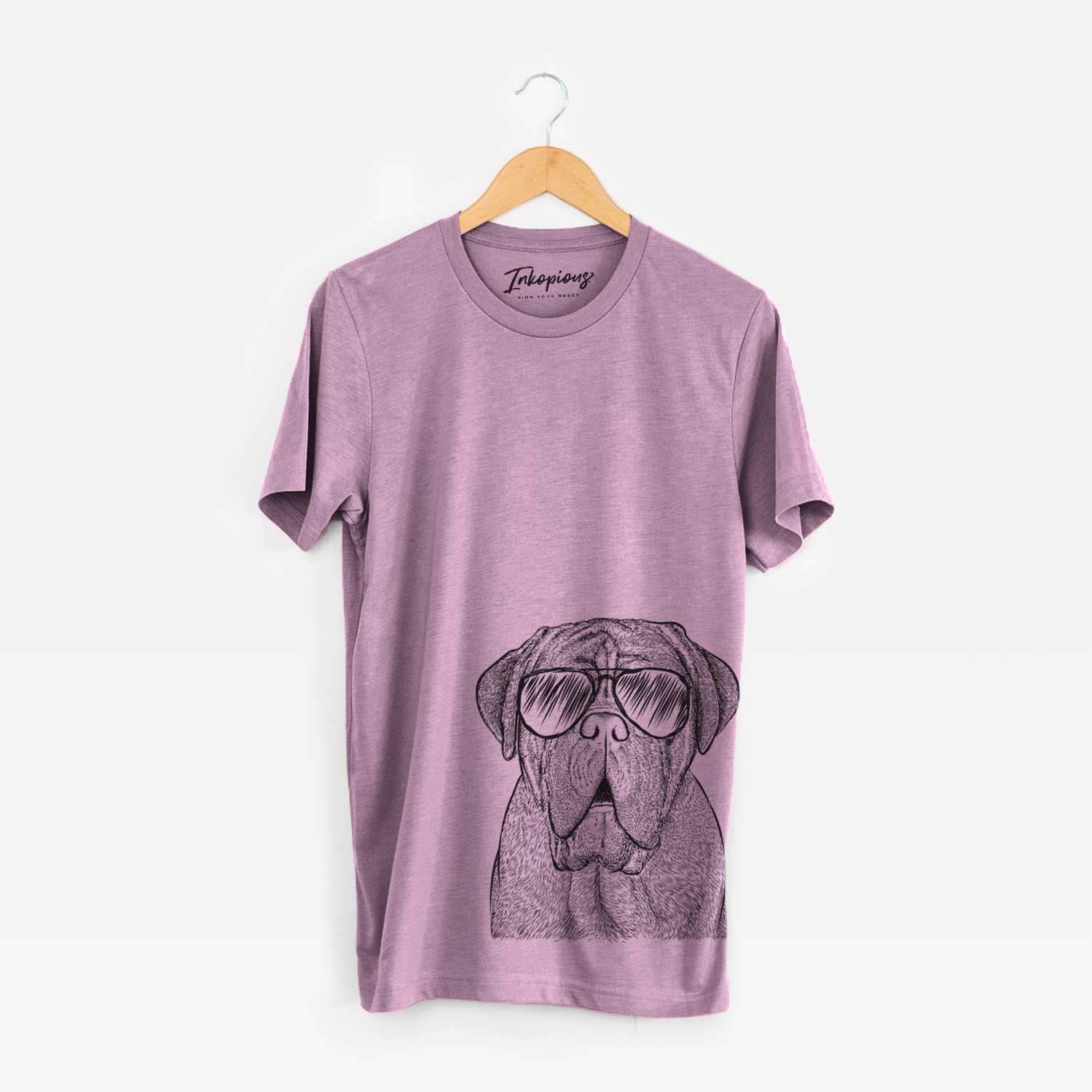 Hand-drawn sketch of Optimus the Dogue de Bordeaux wearing aviator sunglasses on an Orchid Unisex crewneck