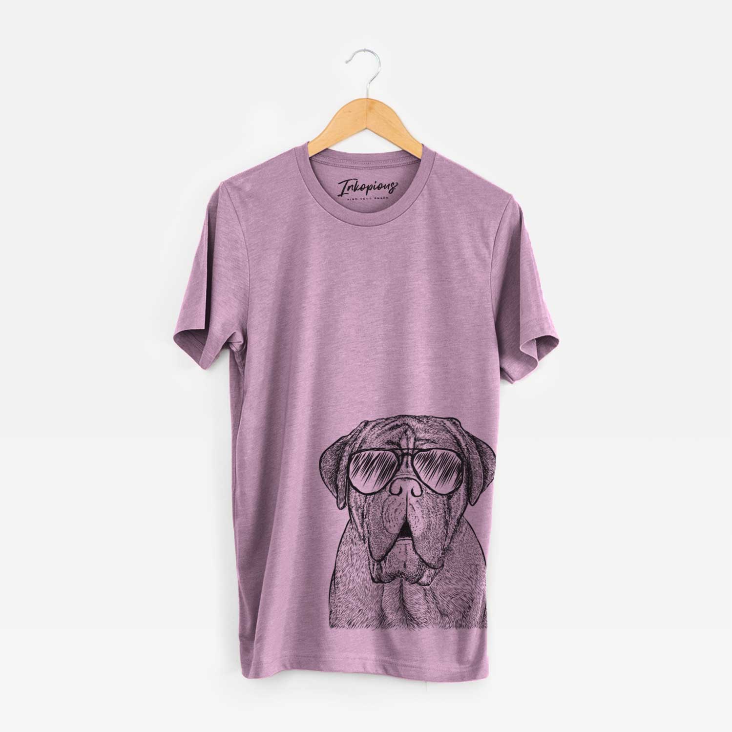 Hand-drawn sketch of Optimus the Dogue de Bordeaux wearing aviator sunglasses on an Orchid Bella Canvas Unisex Crewneck
