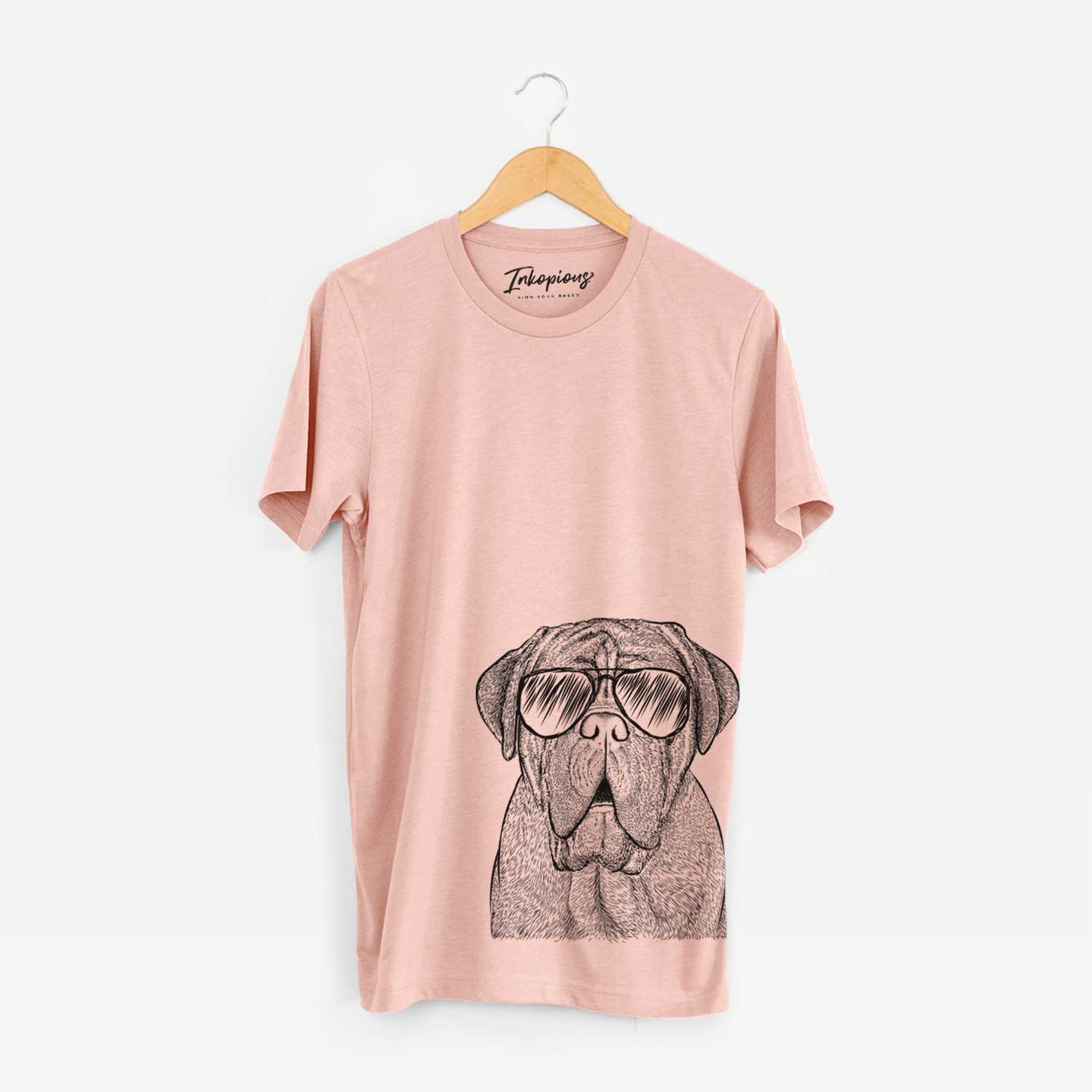 Hand-drawn sketch of Optimus the Dogue de Bordeaux wearing aviator sunglasses on a Peach Unisex crewneck