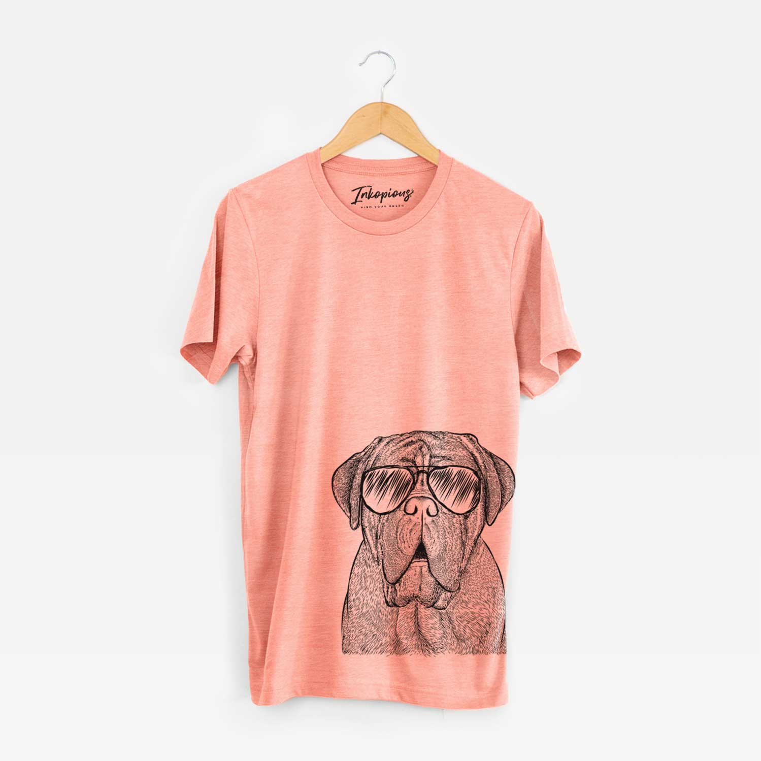 Hand-drawn sketch of Optimus the Dogue de Bordeaux wearing aviator sunglasses on a Sunset Unisex crewneck