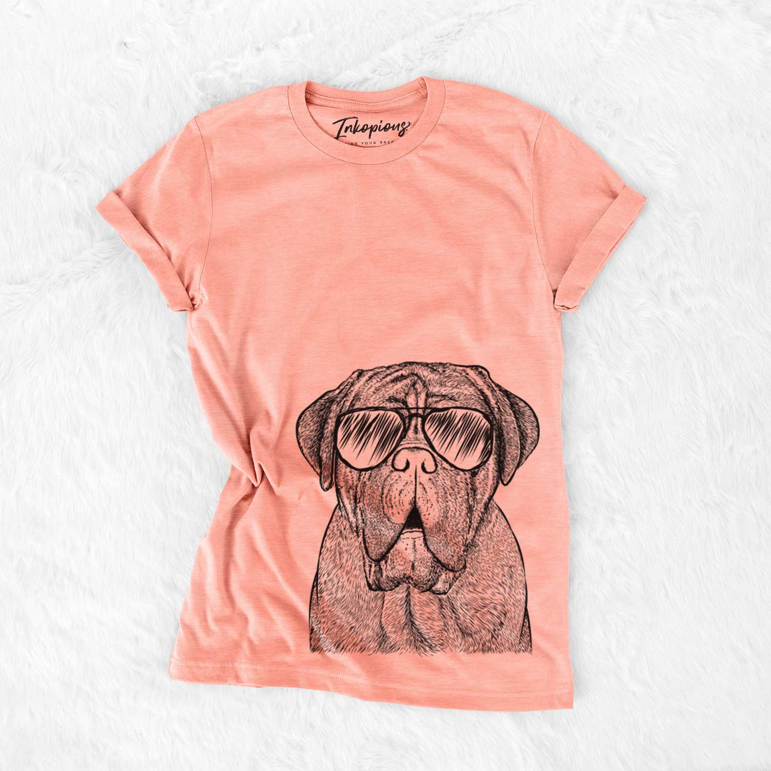 Hand-drawn sketch of Optimus the Dogue de Bordeaux wearing aviator sunglasses on a Sunset Bella Canvas Unisex Crewneck