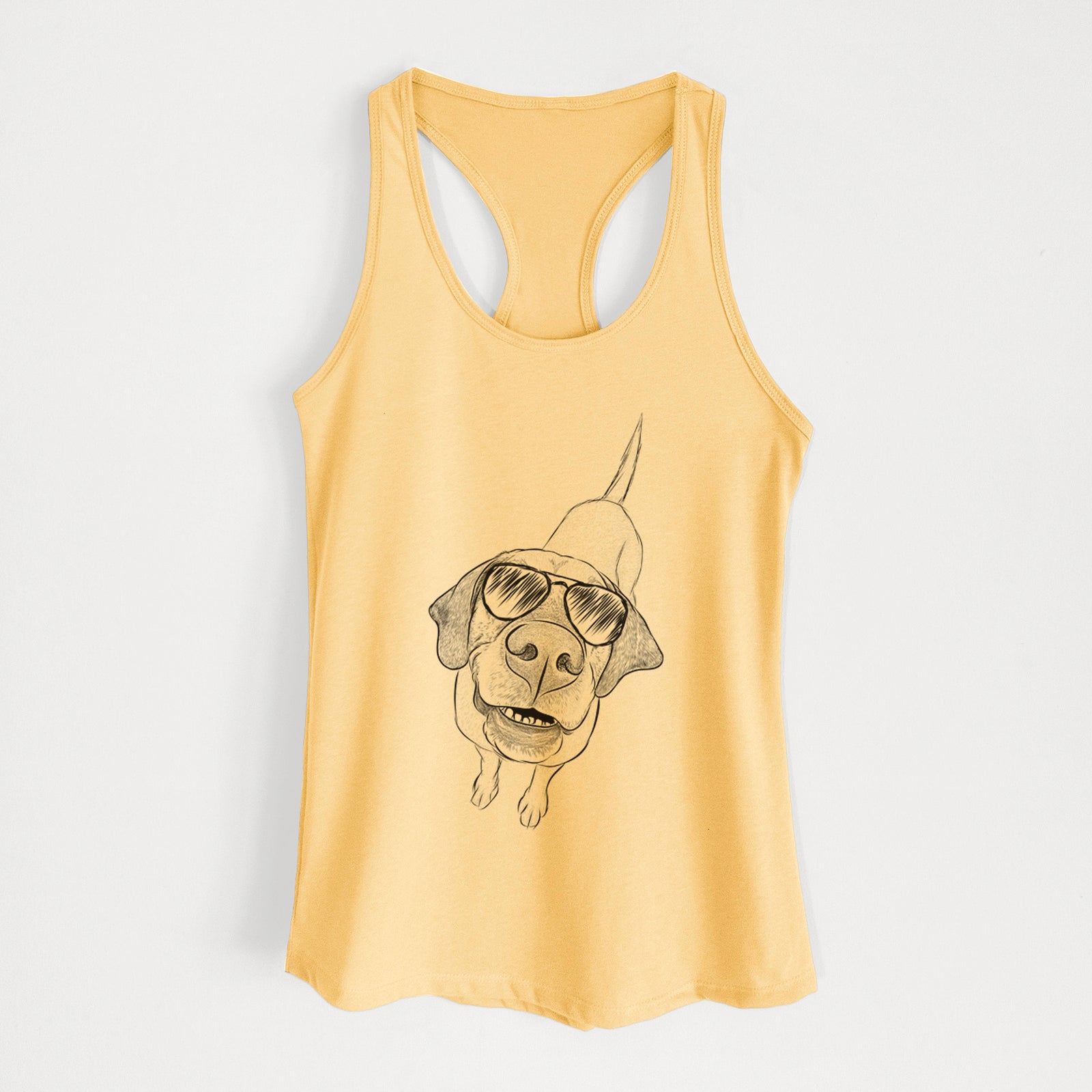 Hand-drawn sketch of Oquirrh the Vizsla wearing aviator sunglasses on a Banana Cream Women's racerback tanktop