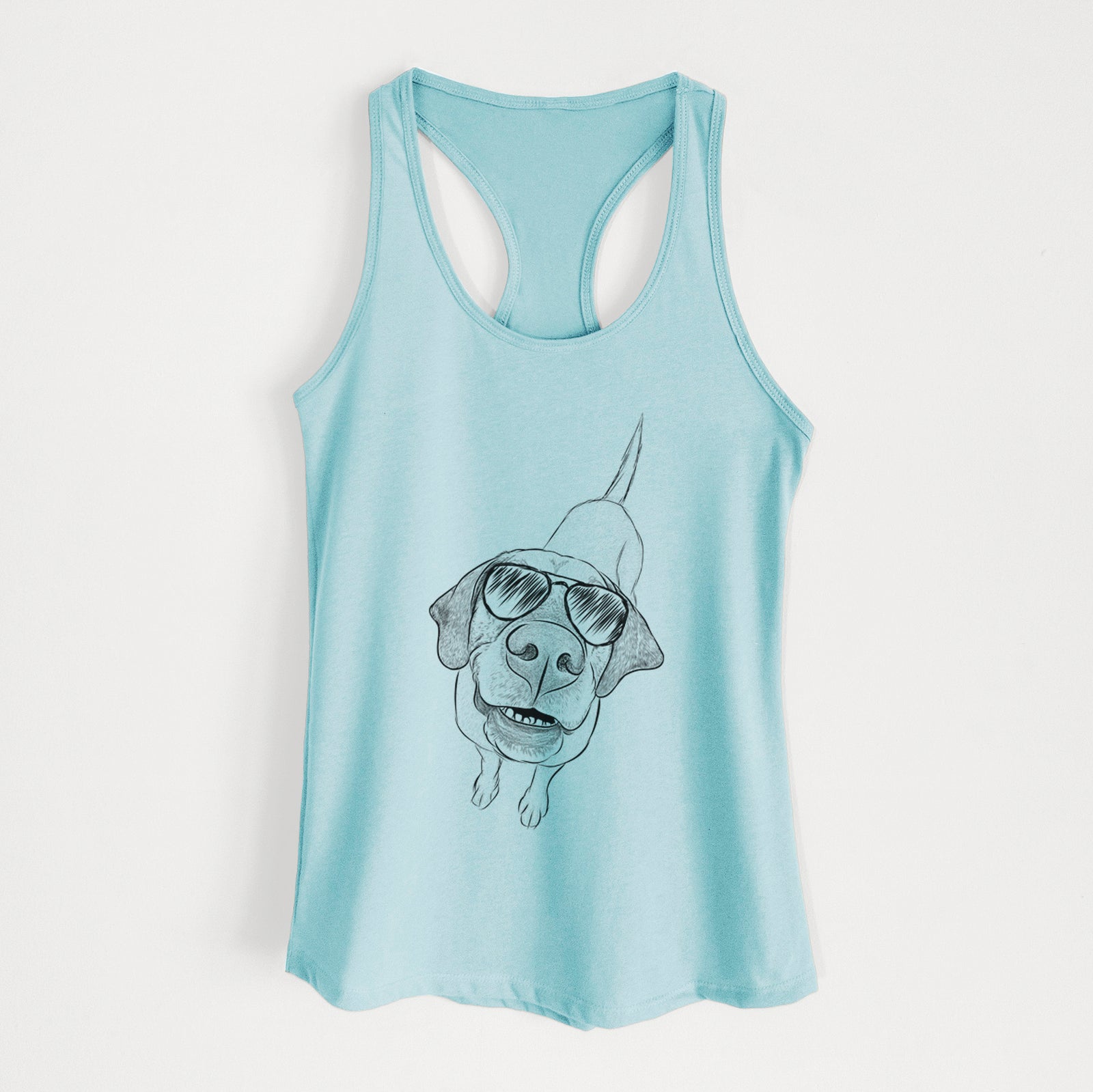 Hand-drawn sketch of Oquirrh the Vizsla wearing aviator sunglasses on a Cancun Blue Women's racerback tanktop