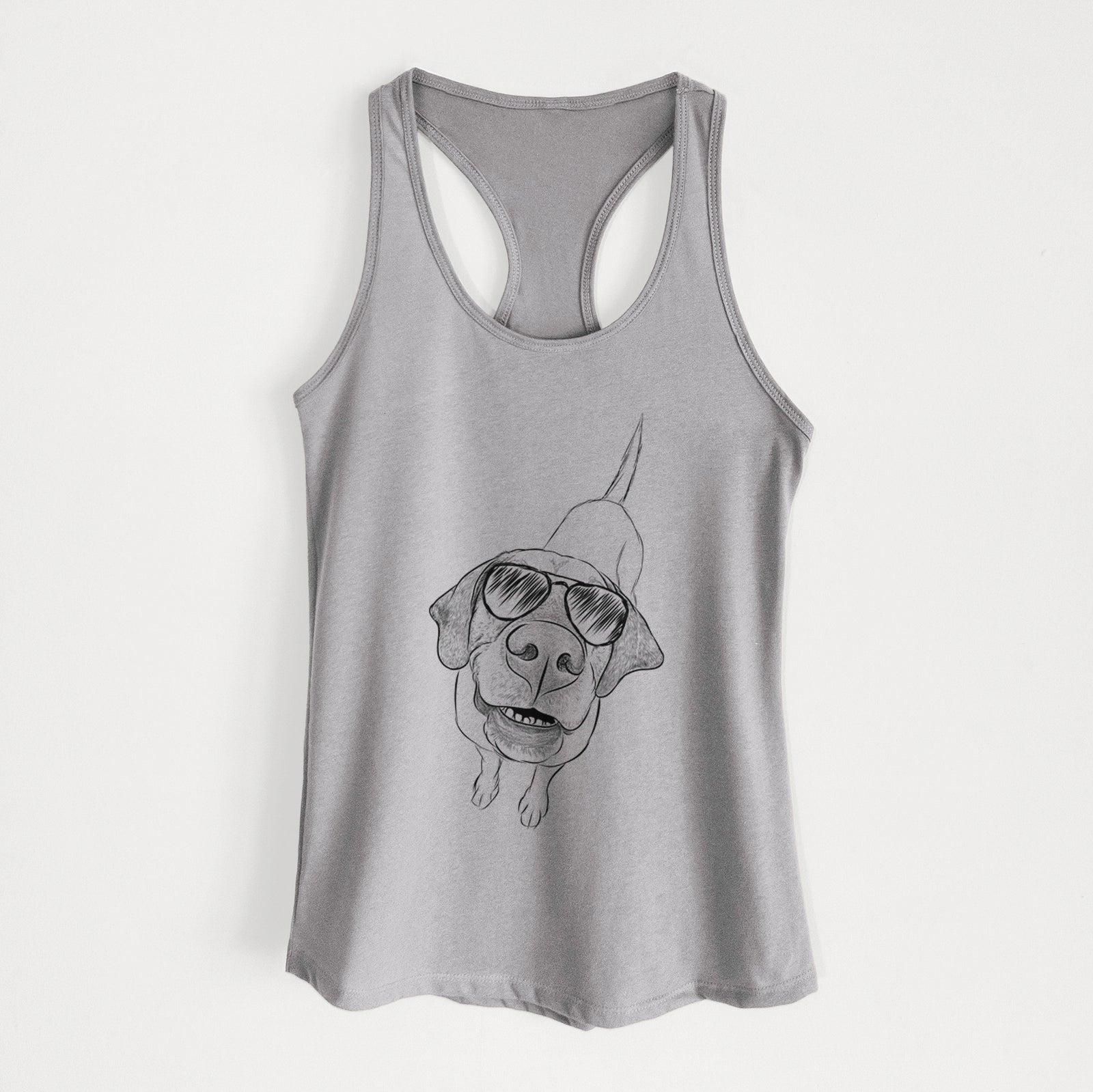 Hand-drawn sketch of Oquirrh the Vizsla wearing aviator sunglasses on a Heather Grey Women's racerback tanktop