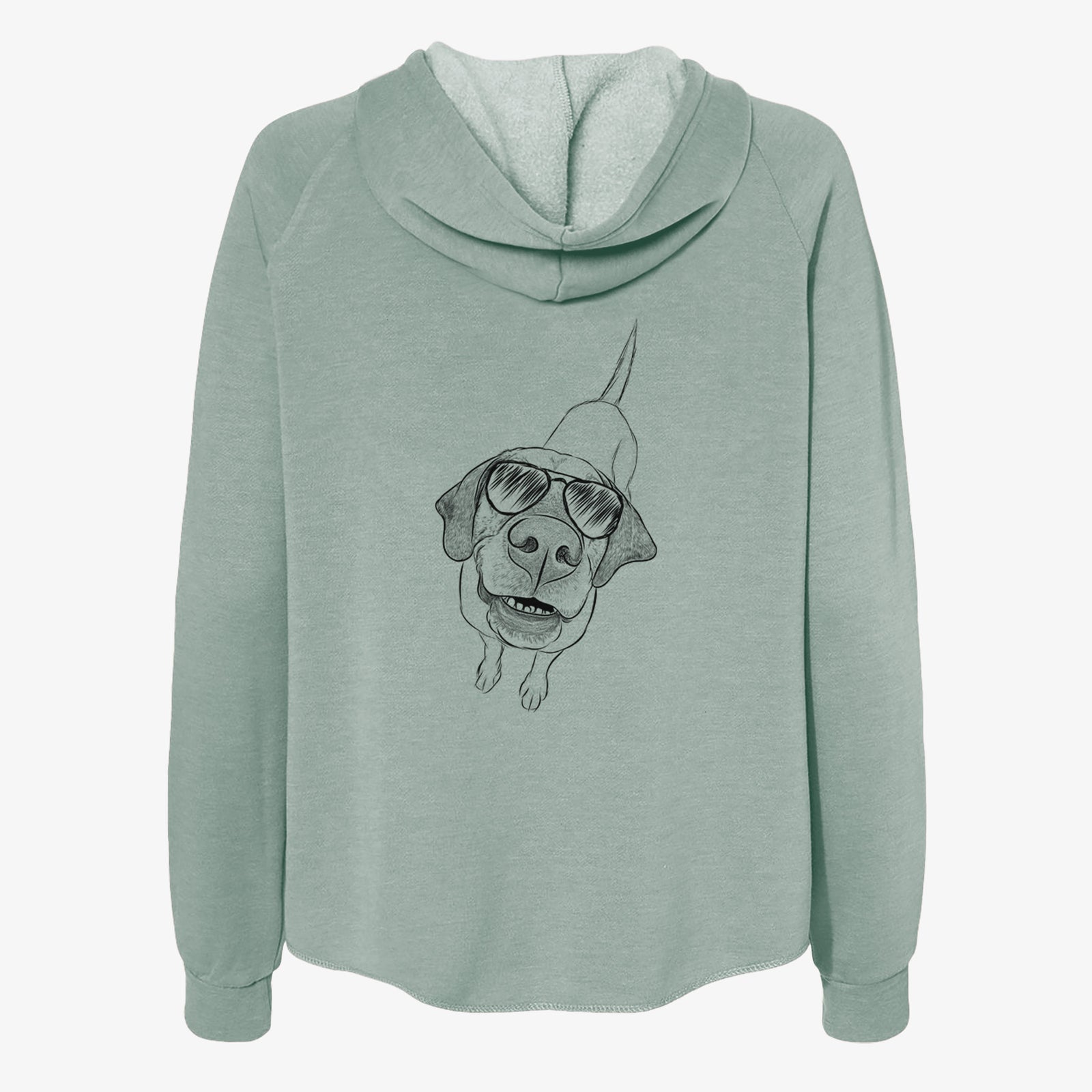 Hand-drawn sketch of Oquirrh the Vizsla wearing aviator sunglasses on a Sage Women's cali wave zip-up sweatshirt