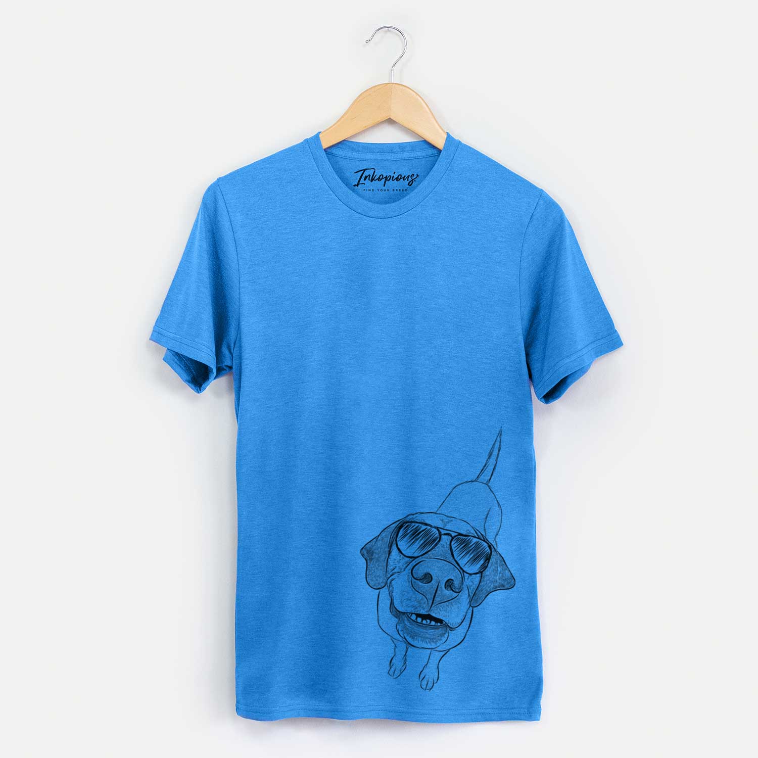 Hand-drawn sketch of Oquirrh the Vizsla wearing aviator sunglasses on a Blue Unisex crewneck