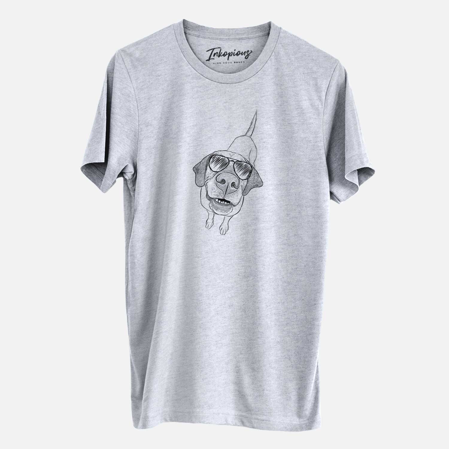 Hand-drawn sketch of Oquirrh the Vizsla wearing aviator sunglasses on a Grey Unisex crewneck