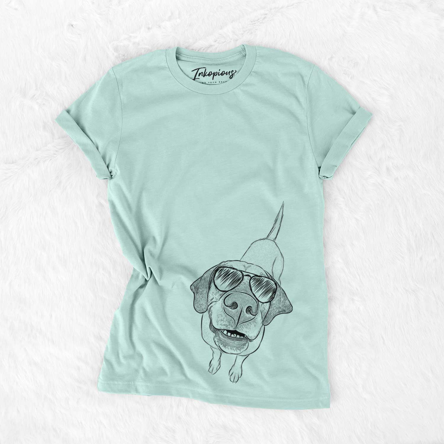 Hand-drawn sketch of Oquirrh the Vizsla wearing aviator sunglasses on a Heather Sage Unisex crewneck