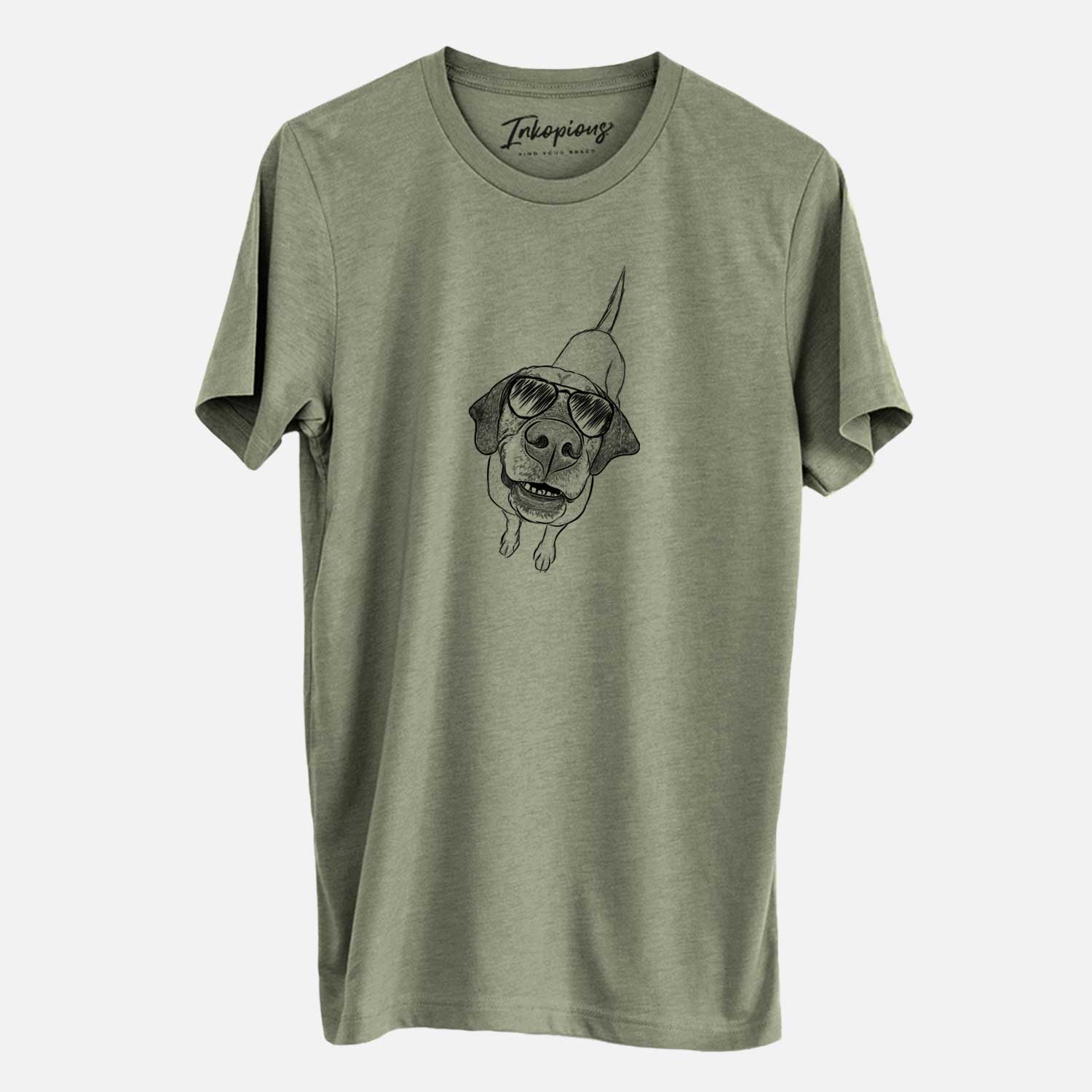 Hand-drawn sketch of Oquirrh the Vizsla wearing aviator sunglasses on an Olive Unisex crewneck